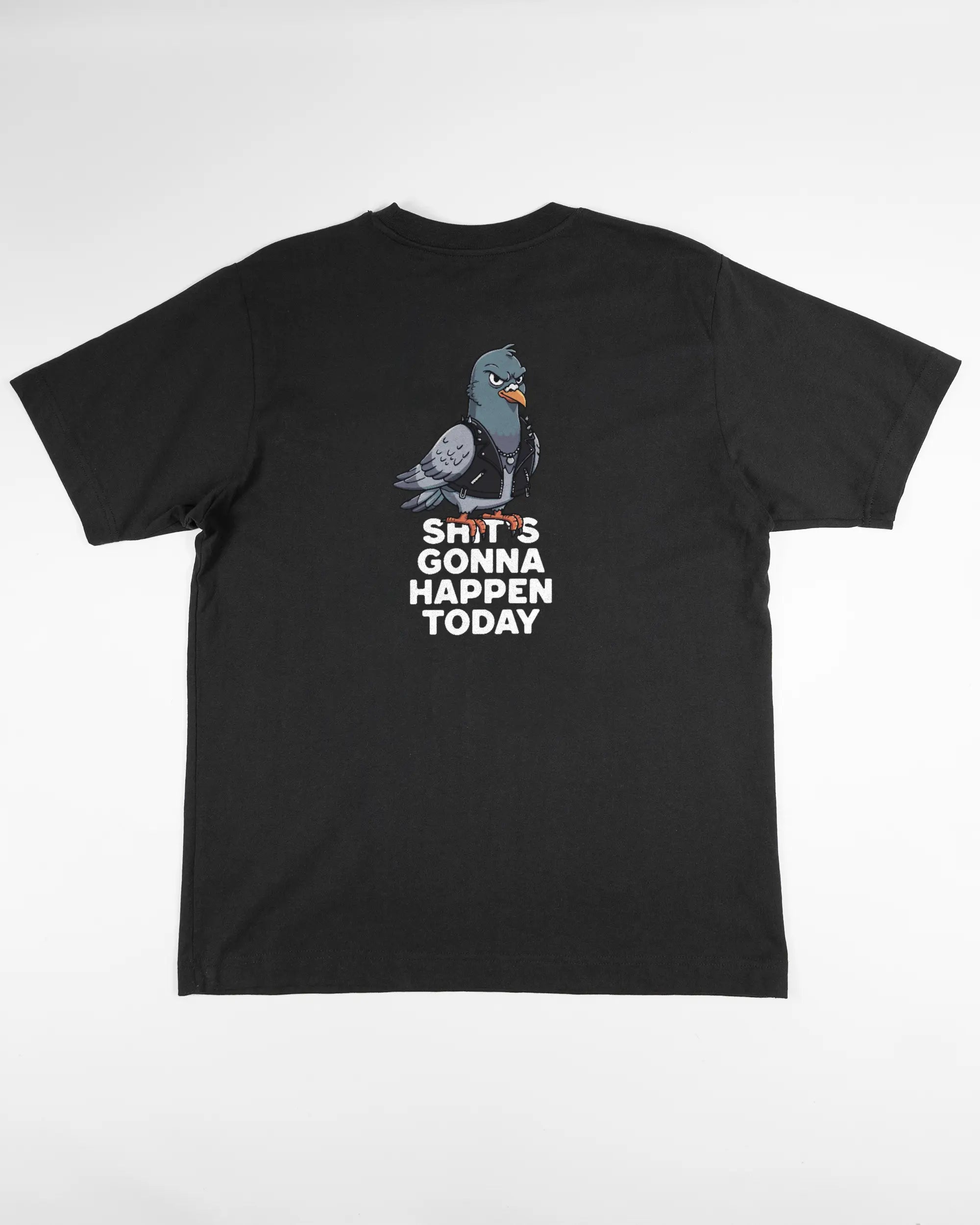 Rückseite des Organic Unisex T-Shirt Heavy Oversized von Maondo mit dem Design Pigeon Pun in der Farbe Black und in der Größe S flach auf den Boden gelegt
