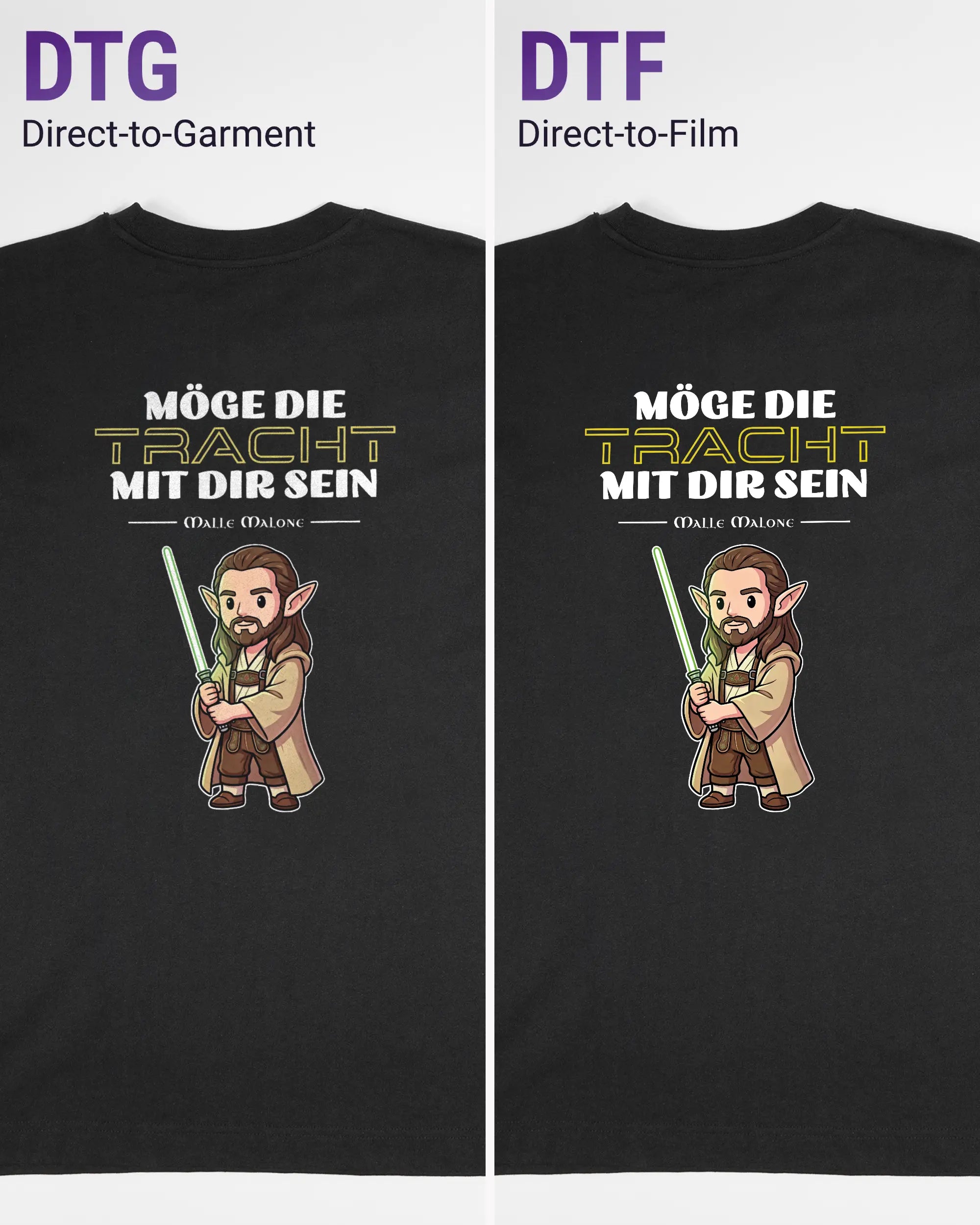 Vergleich der Rückseiten des Organic Unisex T-Shirt Heavy Oversized von Maondo mit dem Design Tracht mit dir in der Farbe Black und in der Größe S links mit dem Direct-to-Garment und rechts mit dem Direct-to-Film Verfahren