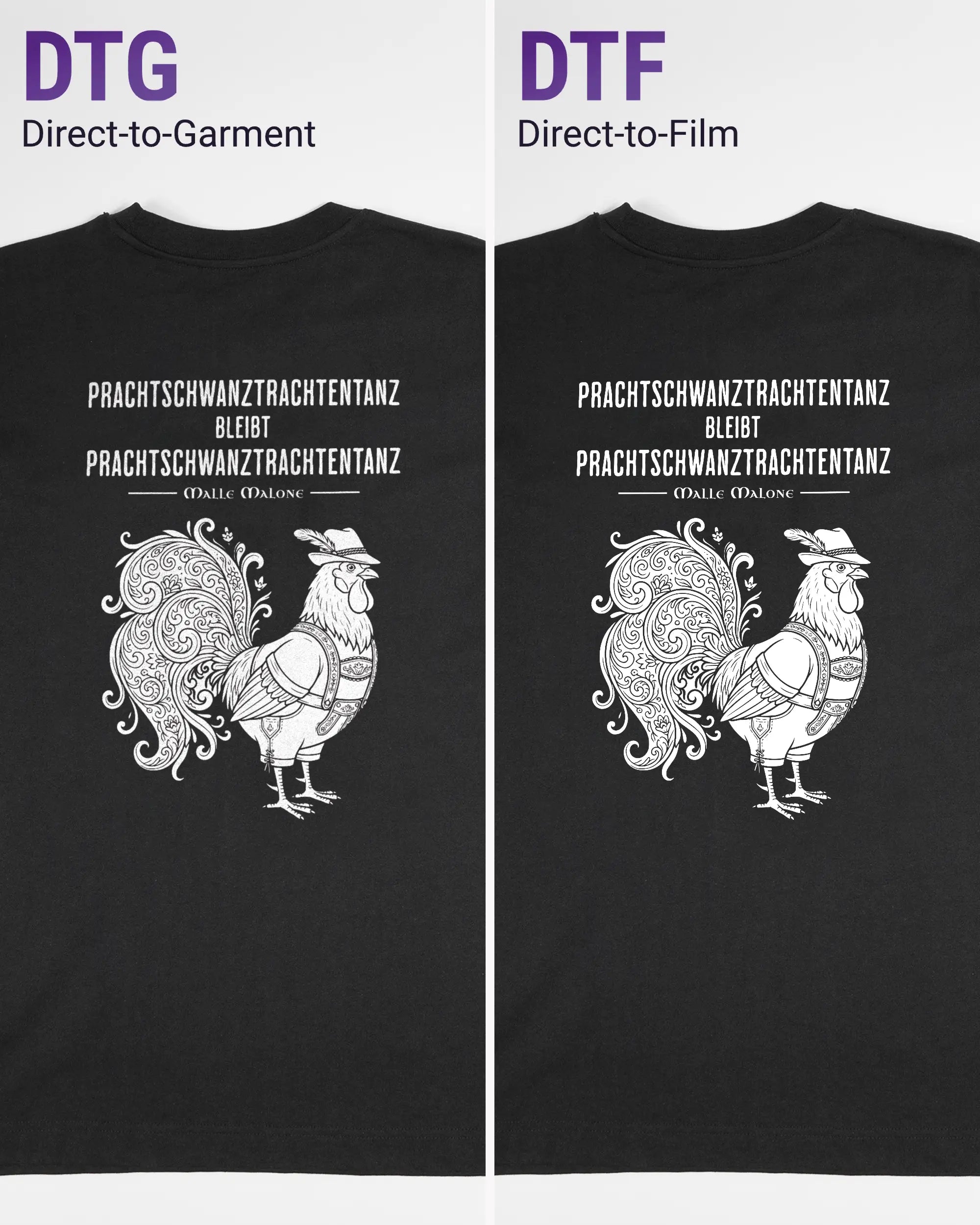 Vergleich der Rückseiten des Organic Unisex T-Shirt Heavy Oversized von Maondo mit dem Design Trachtentanz in der Farbe Black und in der Größe S links mit dem Direct-to-Garment und rechts mit dem Direct-to-Film Verfahren