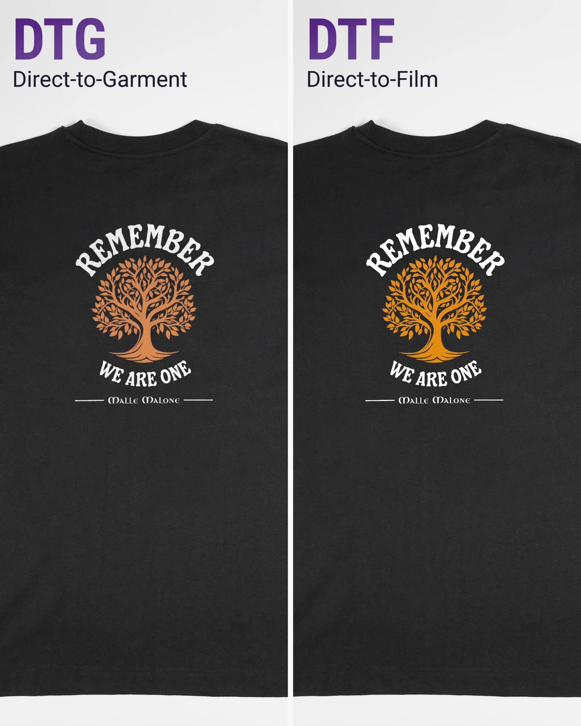 Vergleich der Rückseiten des Organic Unisex T-Shirt Heavy Oversized von Maondo mit dem Design We are one in der Farbe Black und in der Größe S links mit dem Direct-to-Garment und rechts mit dem Direct-to-Film Verfahren
