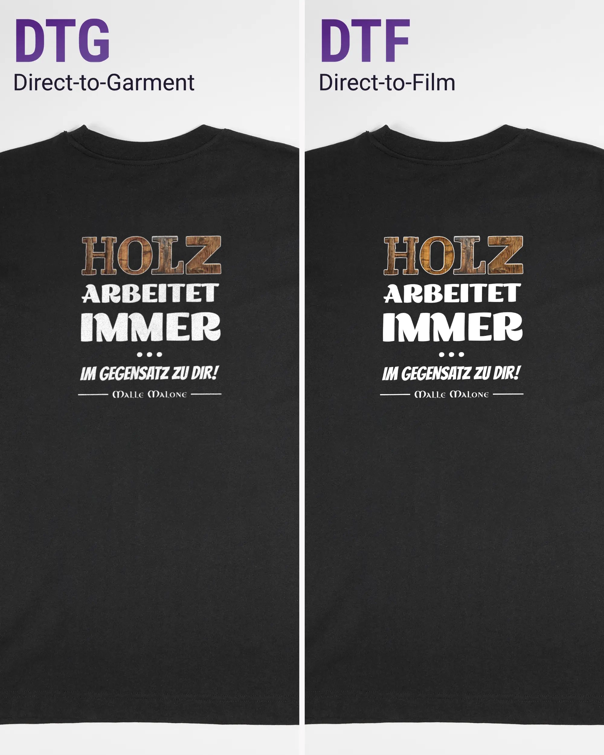 Vergleich der Rückseiten des Organic Unisex T-Shirt Heavy Oversized von Maondo mit dem Design Holzarbeit in der Farbe Black und in der Größe S links mit dem Direct-to-Garment und rechts mit dem Direct-to-Film Verfahren
