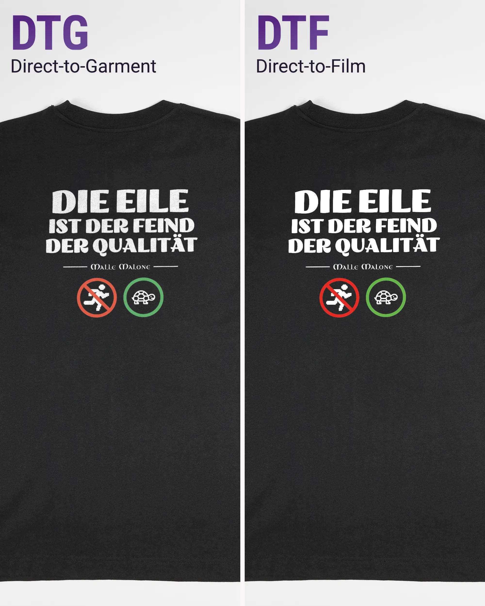 Vergleich der Rückseiten des Organic Unisex T-Shirt Heavy Oversized von Maondo mit dem Design Keine Eile in der Farbe Black und in der Größe S links mit dem Direct-to-Garment und rechts mit dem Direct-to-Film Verfahren