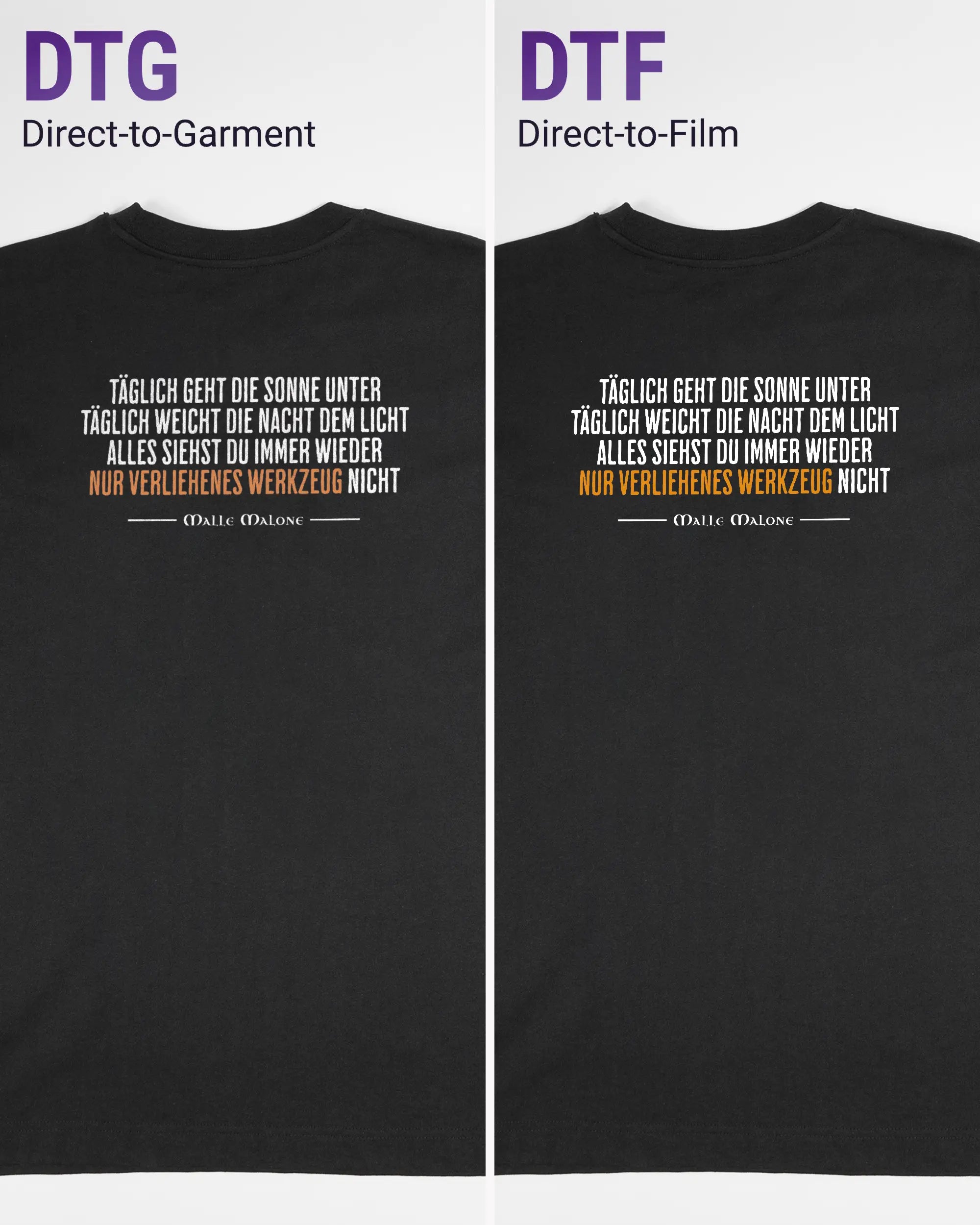 Vergleich der Rückseiten des Organic Unisex T-Shirt Heavy Oversized von Maondo mit dem Design Wegzeug in der Farbe Black und in der Größe S links mit dem Direct-to-Garment und rechts mit dem Direct-to-Film Verfahren
