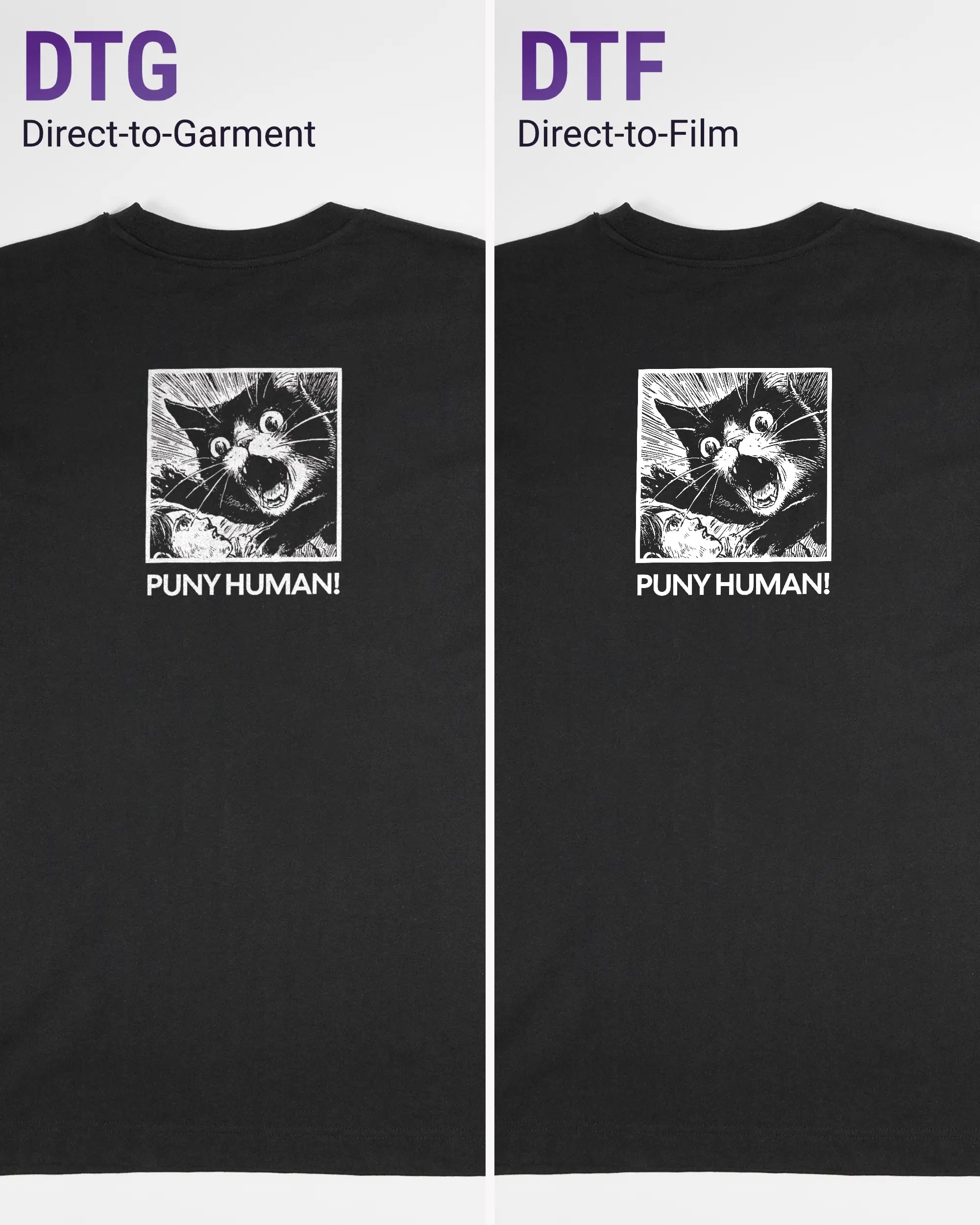 Vergleich der Rückseiten des Organic Unisex T-Shirt Heavy Oversized von Maondo mit dem Design Puny Human in der Farbe Black und in der Größe S links mit dem Direct-to-Garment und rechts mit dem Direct-to-Film Verfahren