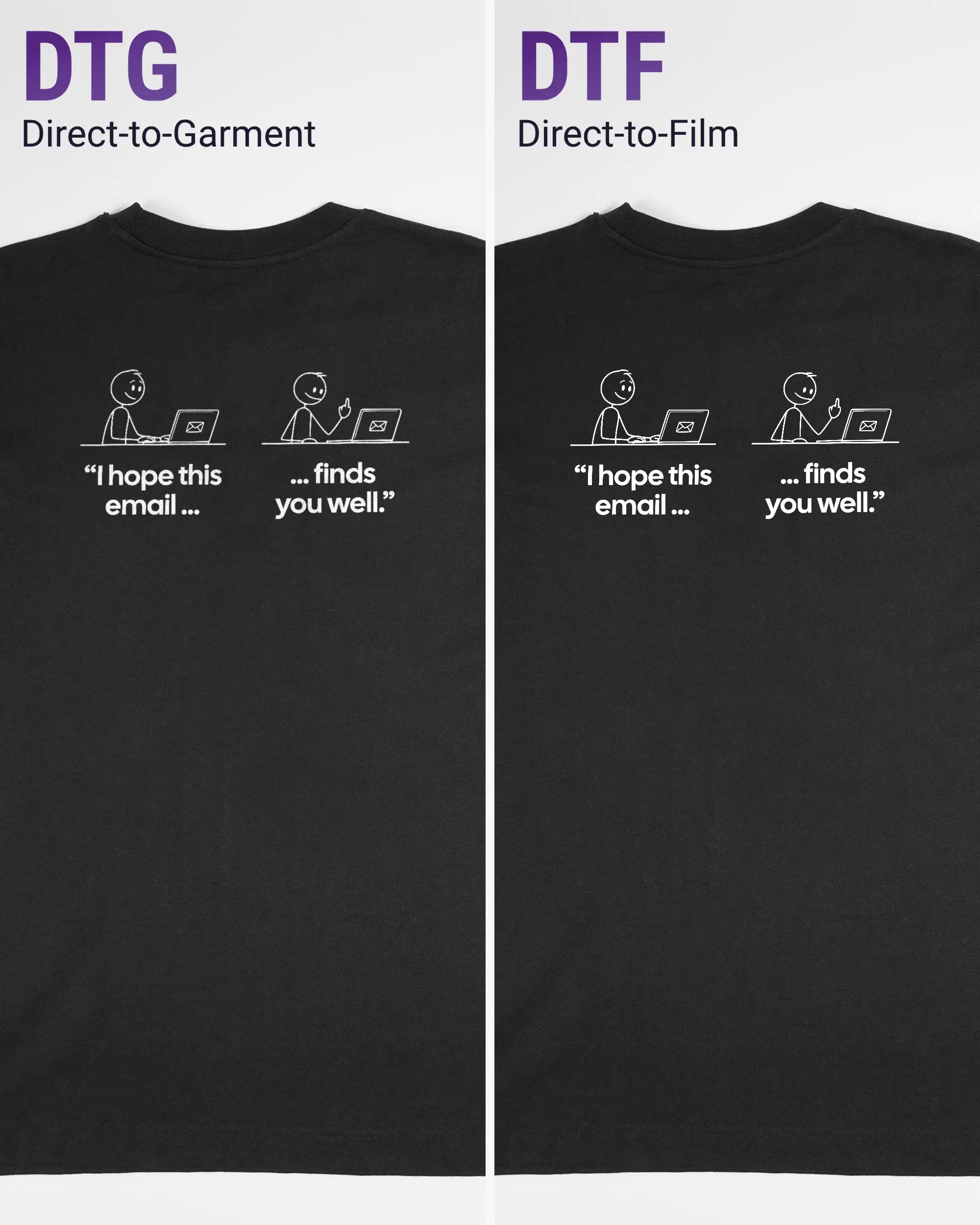 Vergleich der Rückseiten des Organic Unisex T-Shirt Heavy Oversized von Maondo mit dem Design Found me not well in der Farbe Black und in der Größe S links mit dem Direct-to-Garment und rechts mit dem Direct-to-Film Verfahren