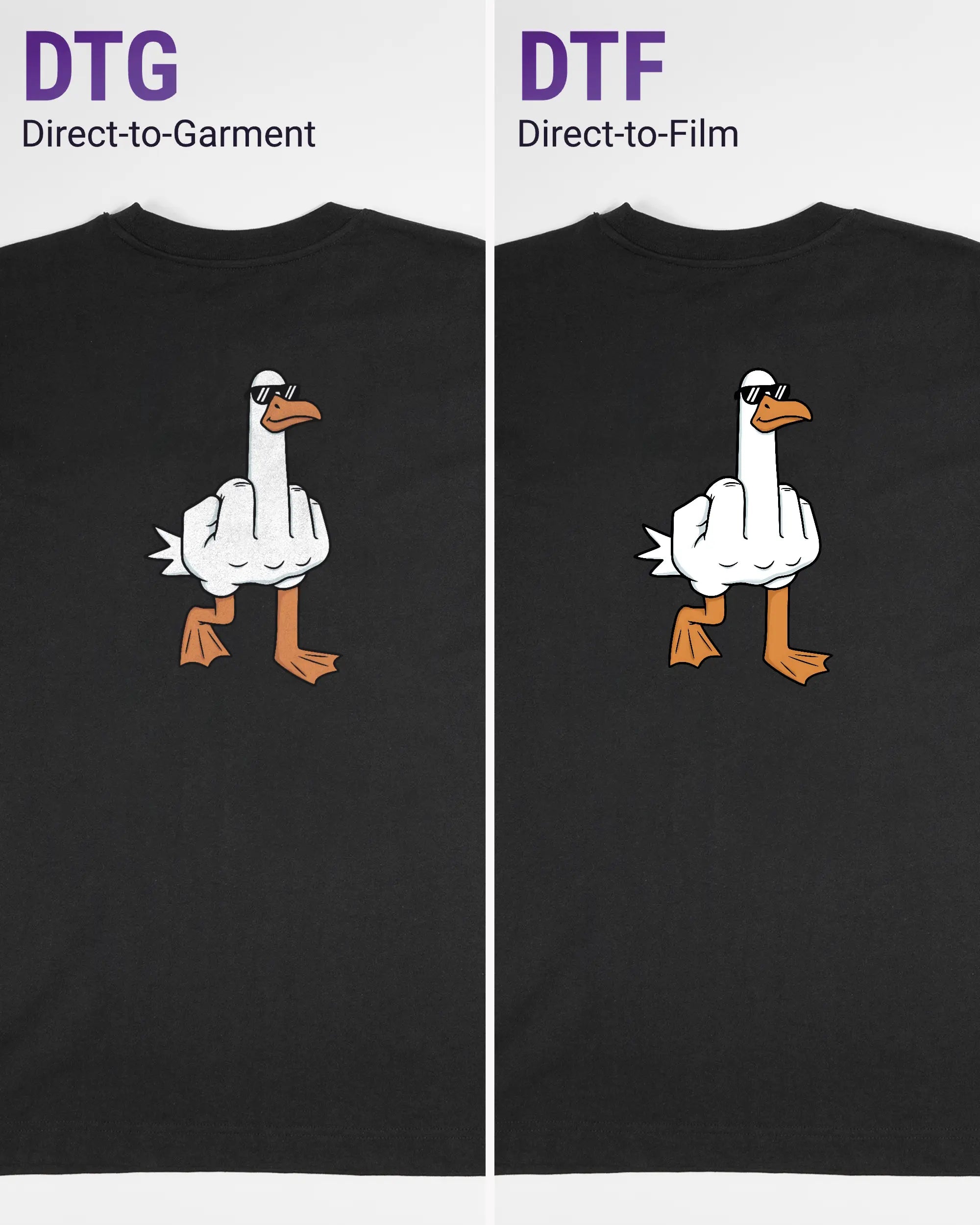 Vergleich der Rückseiten des Organic Unisex T-Shirt Heavy Oversized von Maondo mit dem Design I give a duck in der Farbe Black und in der Größe S links mit dem Direct-to-Garment und rechts mit dem Direct-to-Film Verfahren
