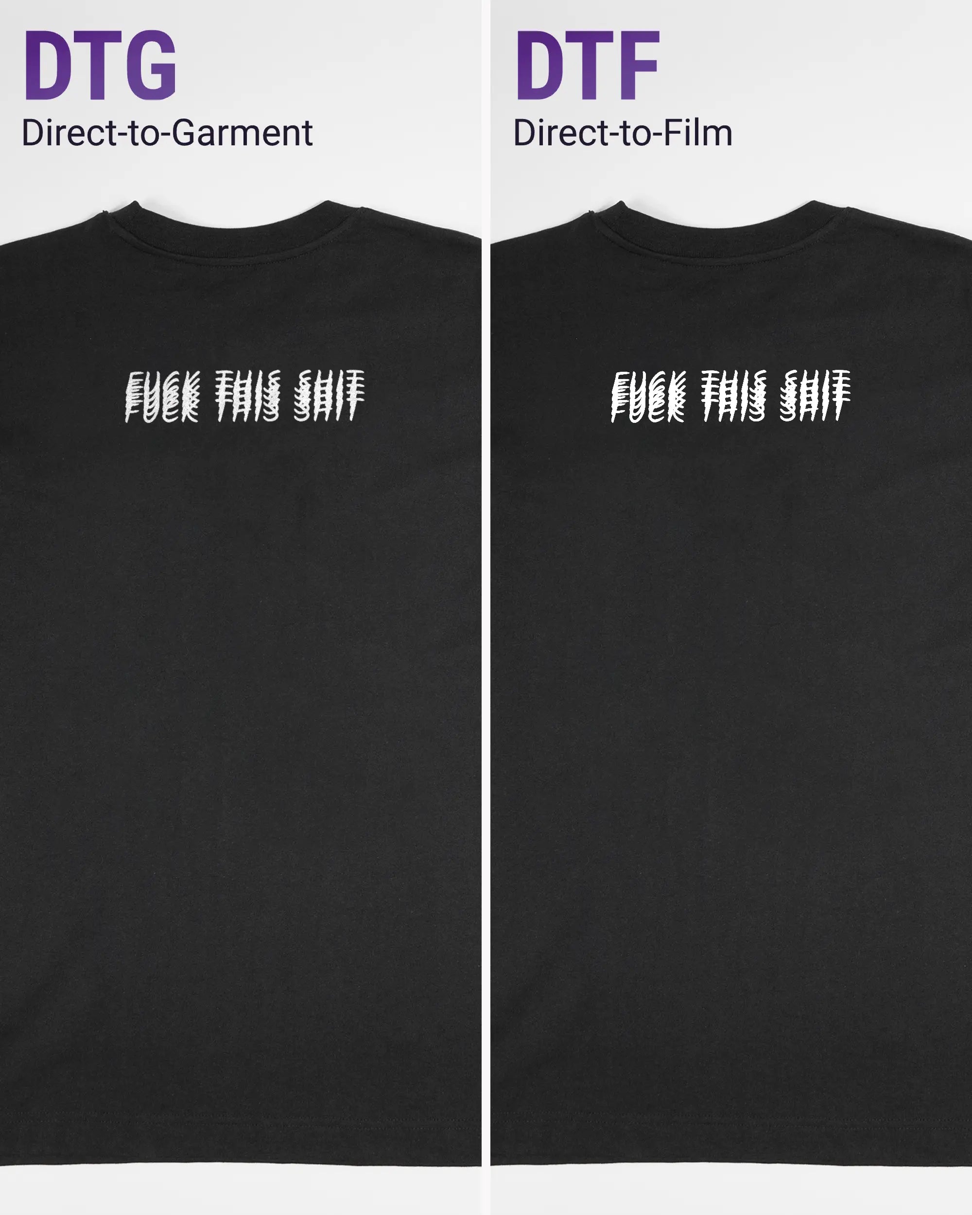 Vergleich der Rückseiten des Organic Unisex T-Shirt Heavy Oversized von Maondo mit dem Design Hidden Message in der Farbe Black und in der Größe S links mit dem Direct-to-Garment und rechts mit dem Direct-to-Film Verfahren