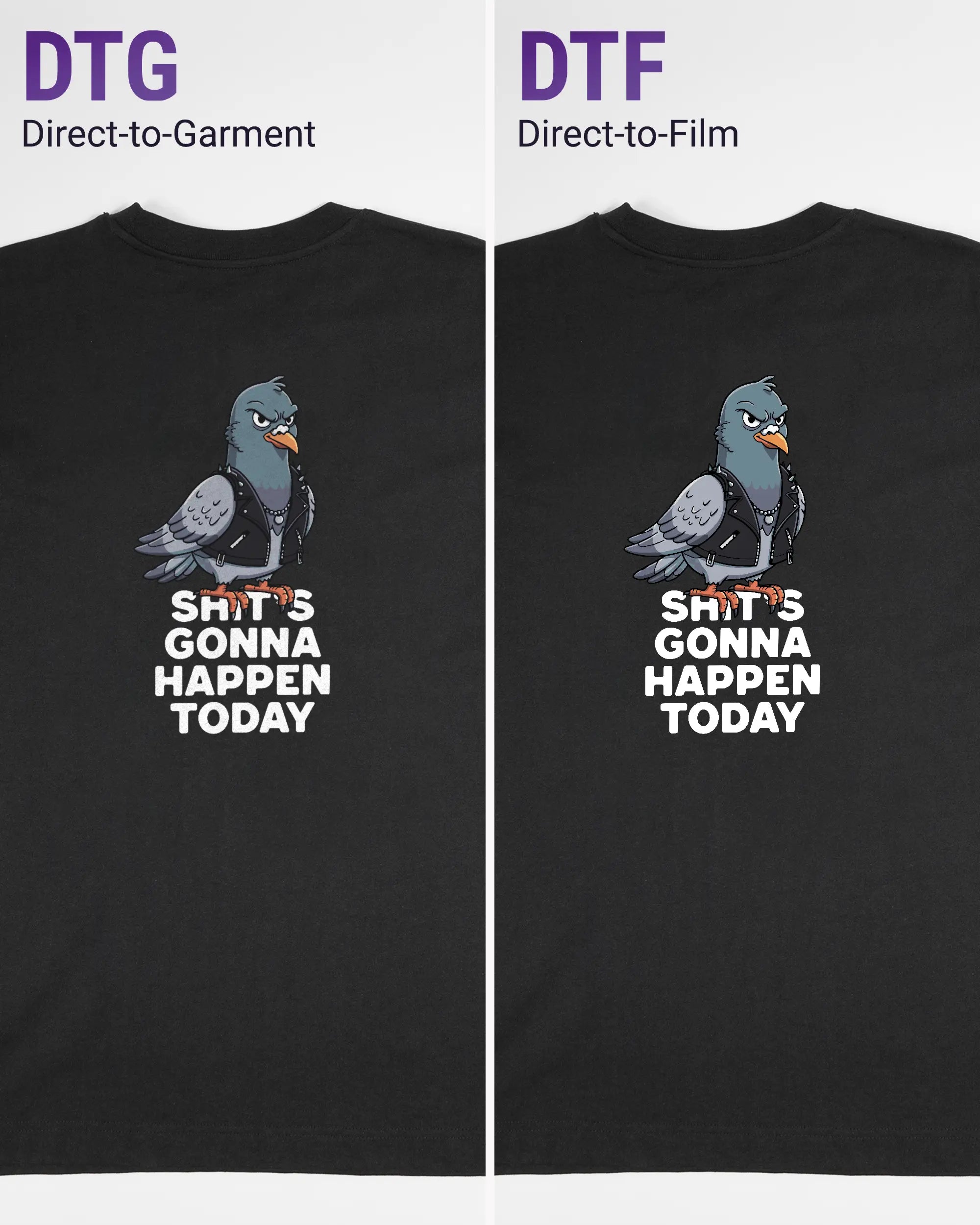 Vergleich der Rückseiten des Organic Unisex T-Shirt Heavy Oversized von Maondo mit dem Design Pigeon Pun in der Farbe Black und in der Größe S links mit dem Direct-to-Garment und rechts mit dem Direct-to-Film Verfahren