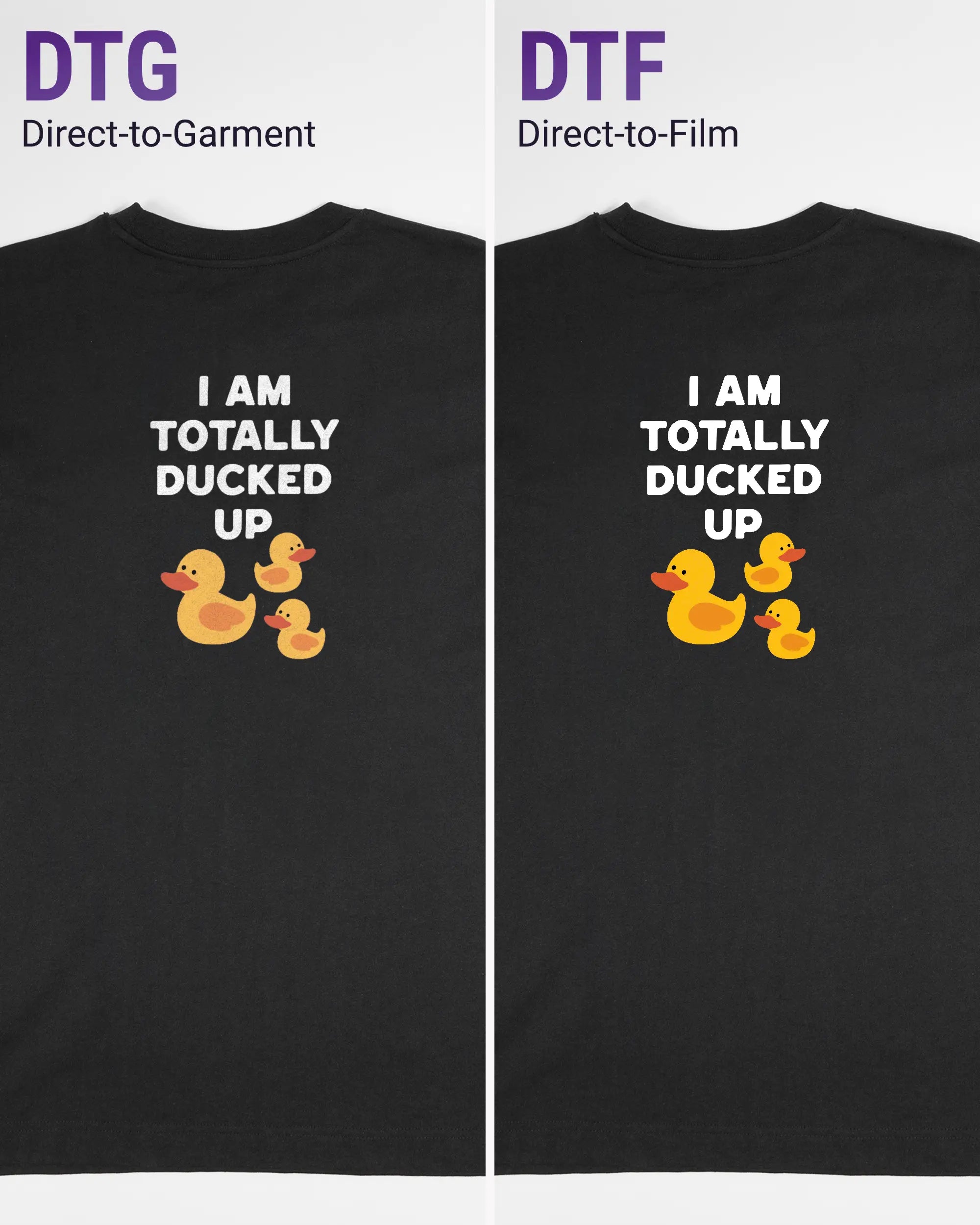 Vergleich der Rückseiten des Organic Unisex T-Shirt Heavy Oversized von Maondo mit dem Design Ducked Up in der Farbe Black und in der Größe S links mit dem Direct-to-Garment und rechts mit dem Direct-to-Film Verfahren