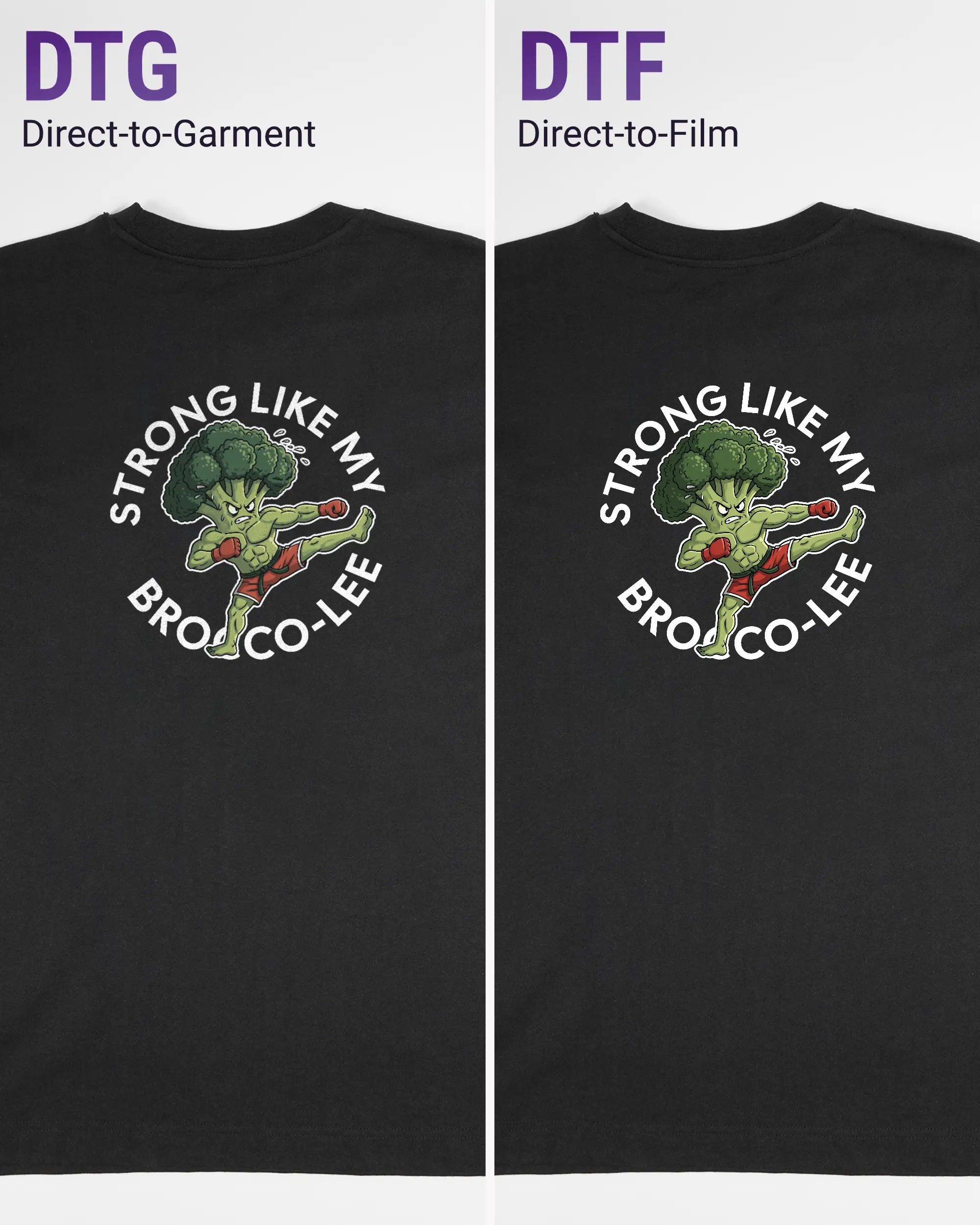 Vergleich der Rückseiten des Organic Unisex T-Shirt Heavy Oversized von Maondo mit dem Design Brocco-Lee in der Farbe Black und in der Größe S links mit dem Direct-to-Garment und rechts mit dem Direct-to-Film Verfahren