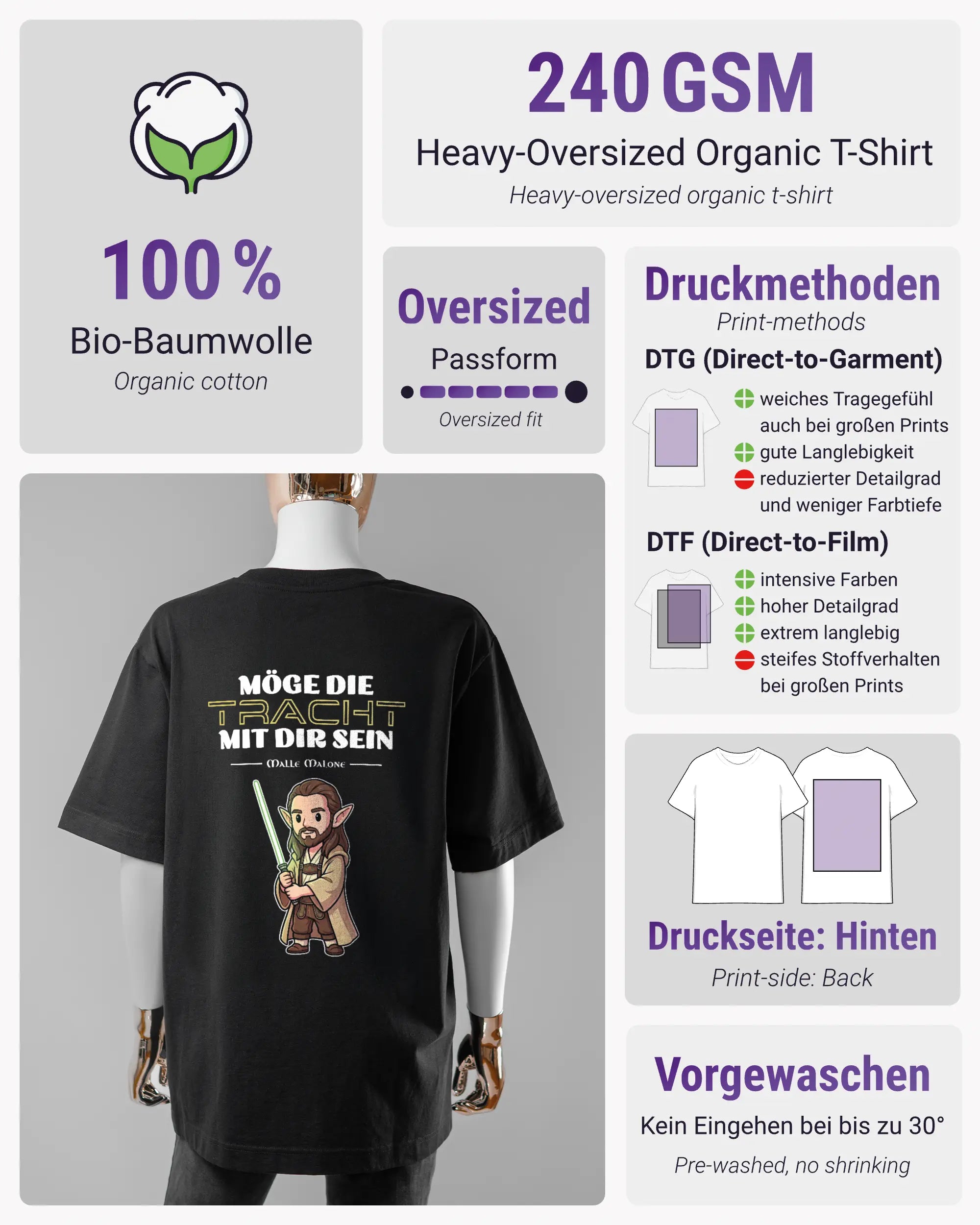 Produktinformationsblatt des Organic Unisex T-Shirt Heavy Oversized von Maondo mit dem Design Tracht mit dir hinten in der Farbe Black und in der Größe S