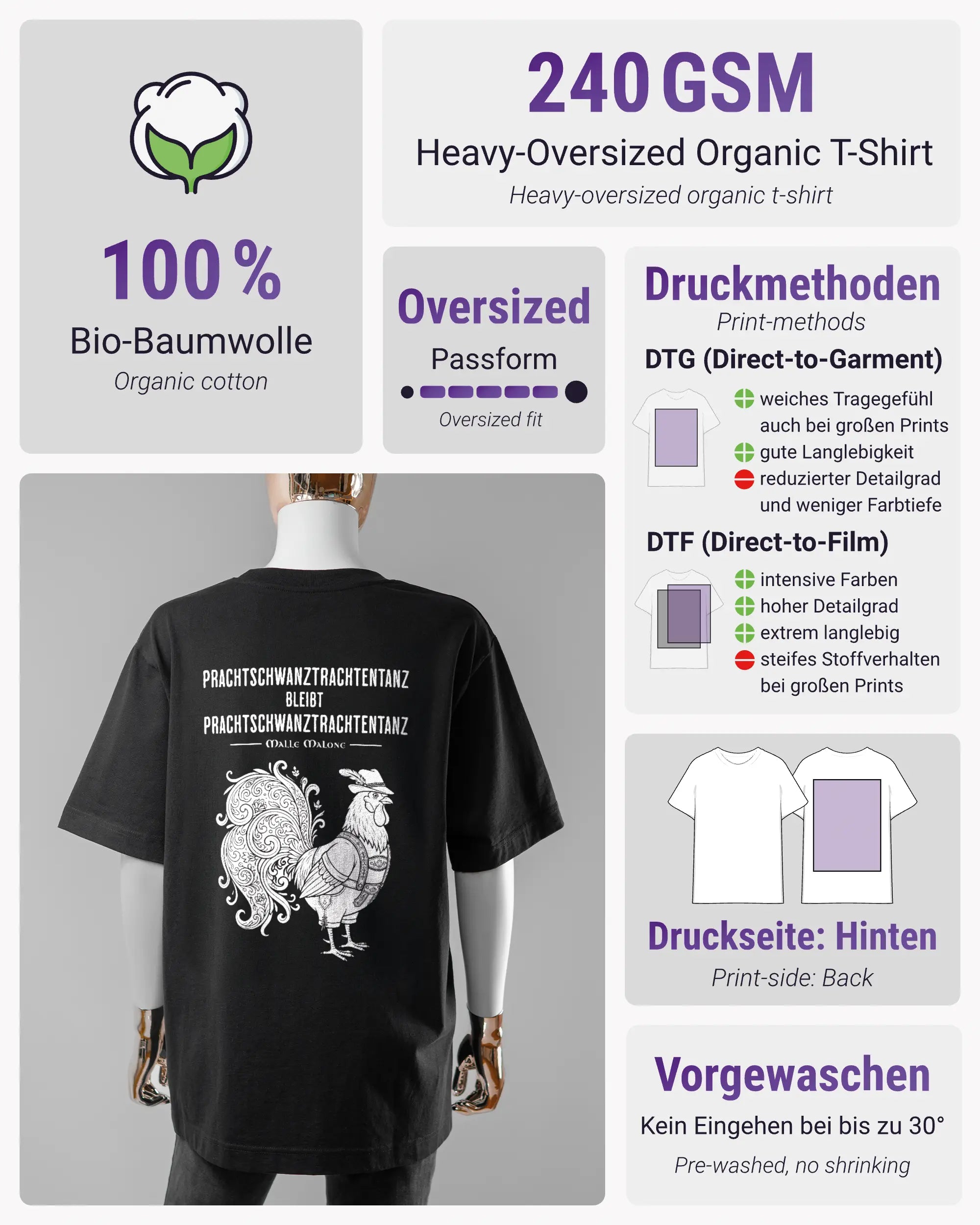 Produktinformationsblatt des Organic Unisex T-Shirt Heavy Oversized von Maondo mit dem Design Trachtentanz hinten in der Farbe Black und in der Größe S
