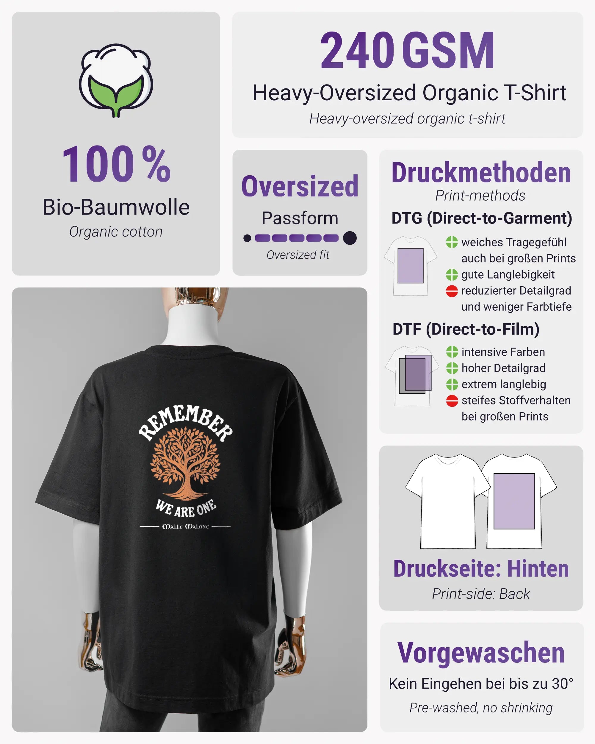 Produktinformationsblatt des Organic Unisex T-Shirt Heavy Oversized von Maondo mit dem Design We are one hinten in der Farbe Black und in der Größe S