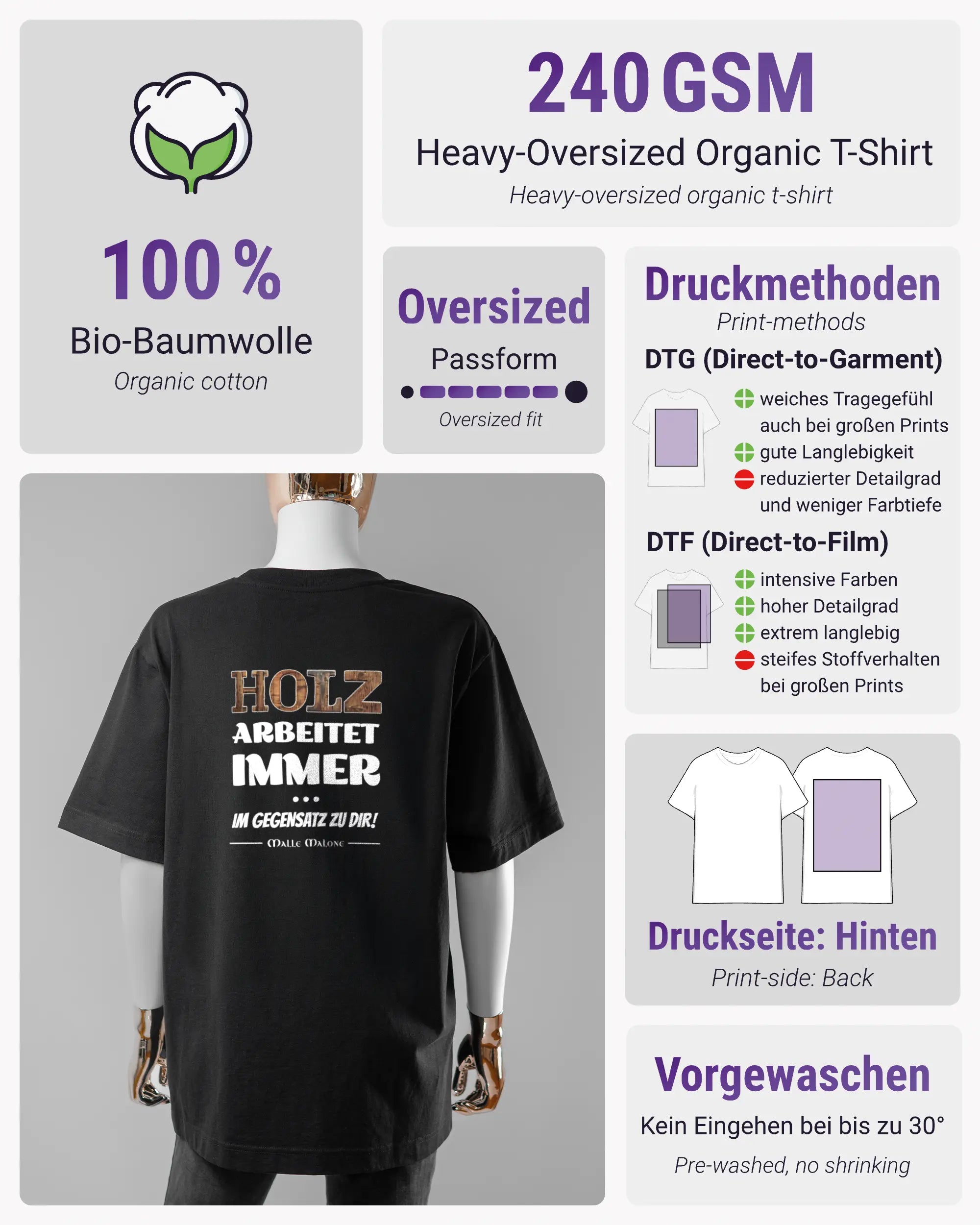 Produktinformationsblatt des Organic Unisex T-Shirt Heavy Oversized von Maondo mit dem Design Holzarbeit hinten in der Farbe Black und in der Größe S