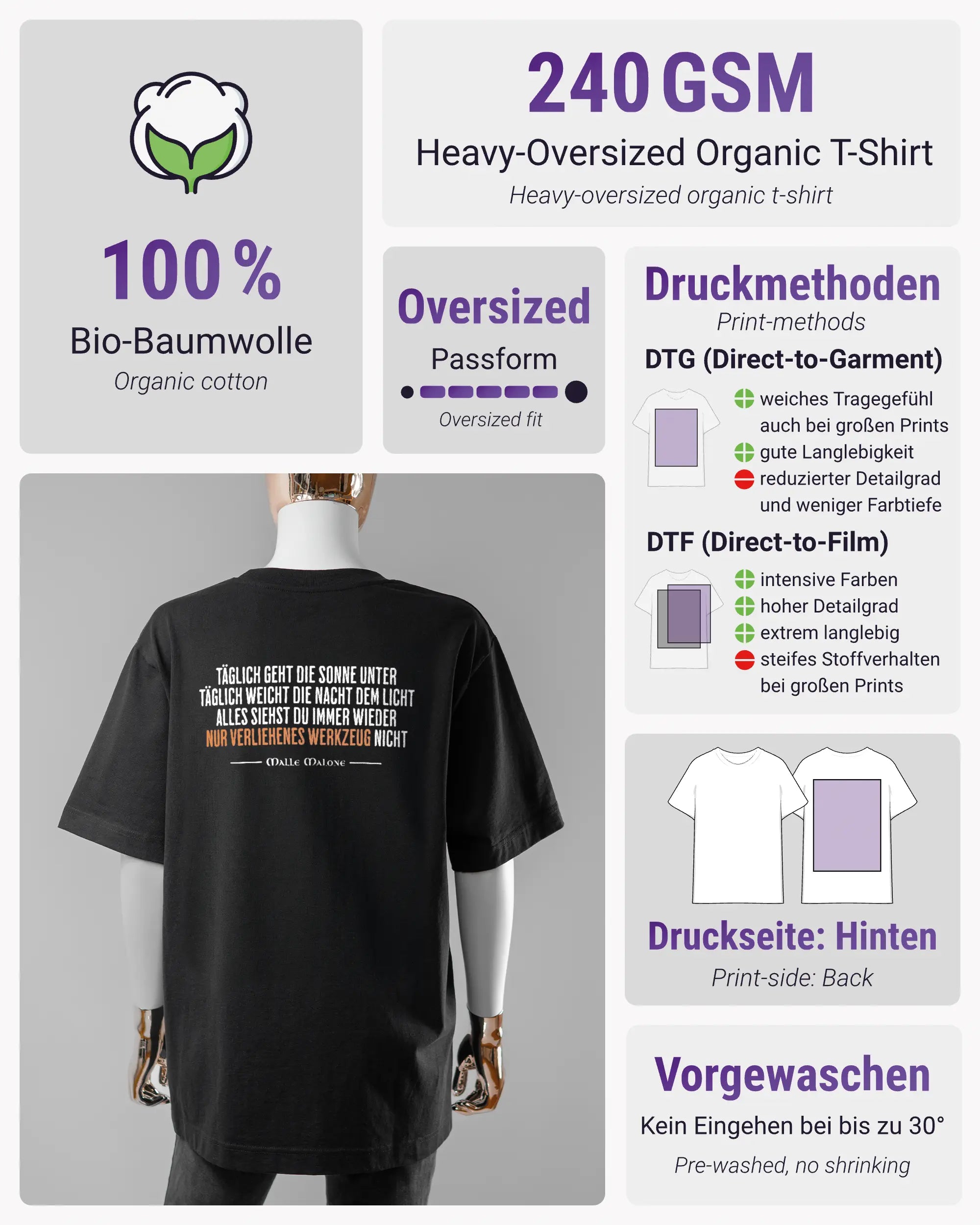 Produktinformationsblatt des Organic Unisex T-Shirt Heavy Oversized von Maondo mit dem Design Wegzeug hinten in der Farbe Black und in der Größe S