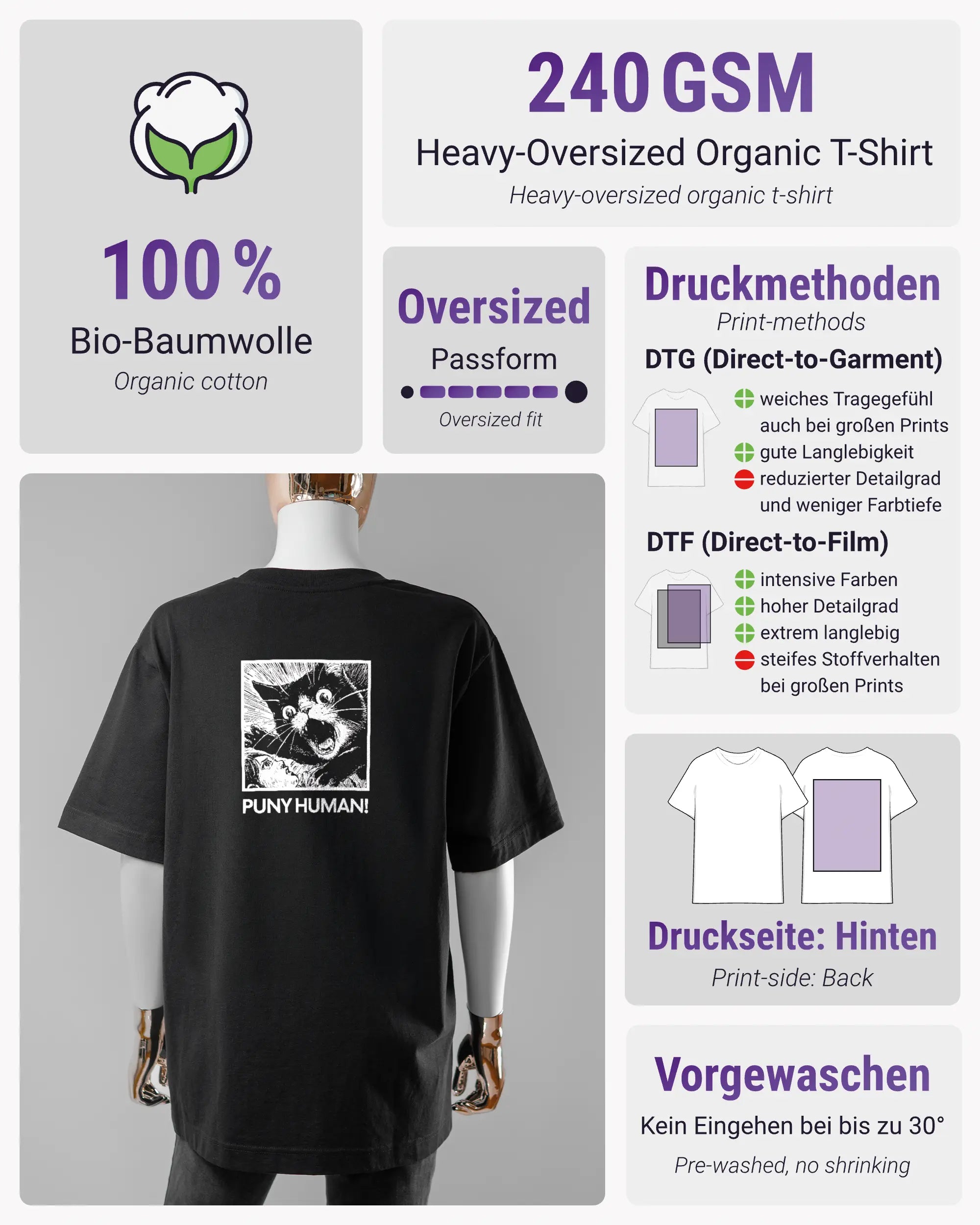 Produktinformationsblatt des Organic Unisex T-Shirt Heavy Oversized von Maondo mit dem Design Puny Human hinten in der Farbe Black und in der Größe S
