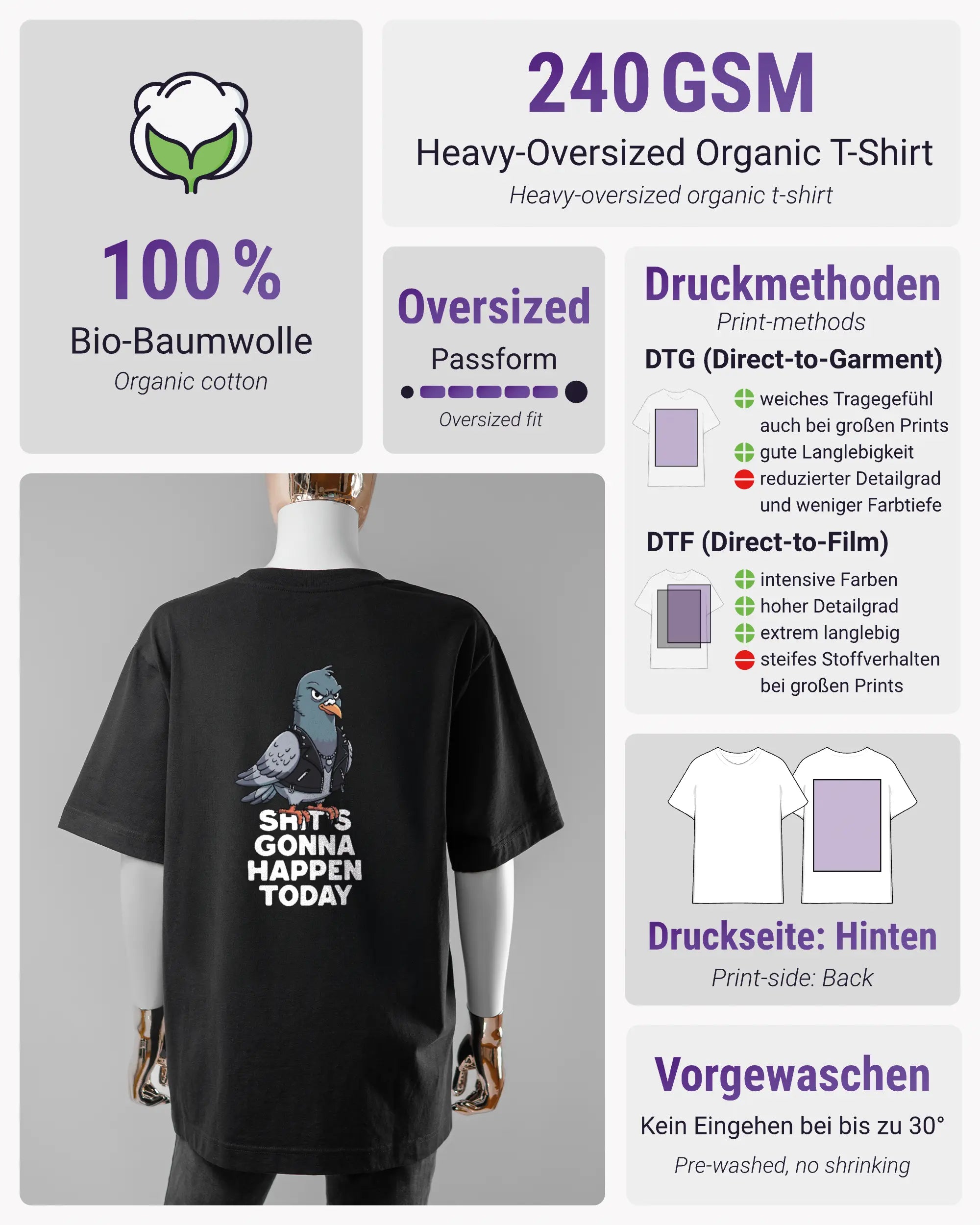 Produktinformationsblatt des Organic Unisex T-Shirt Heavy Oversized von Maondo mit dem Design Pigeon Pun hinten in der Farbe Black und in der Größe S
