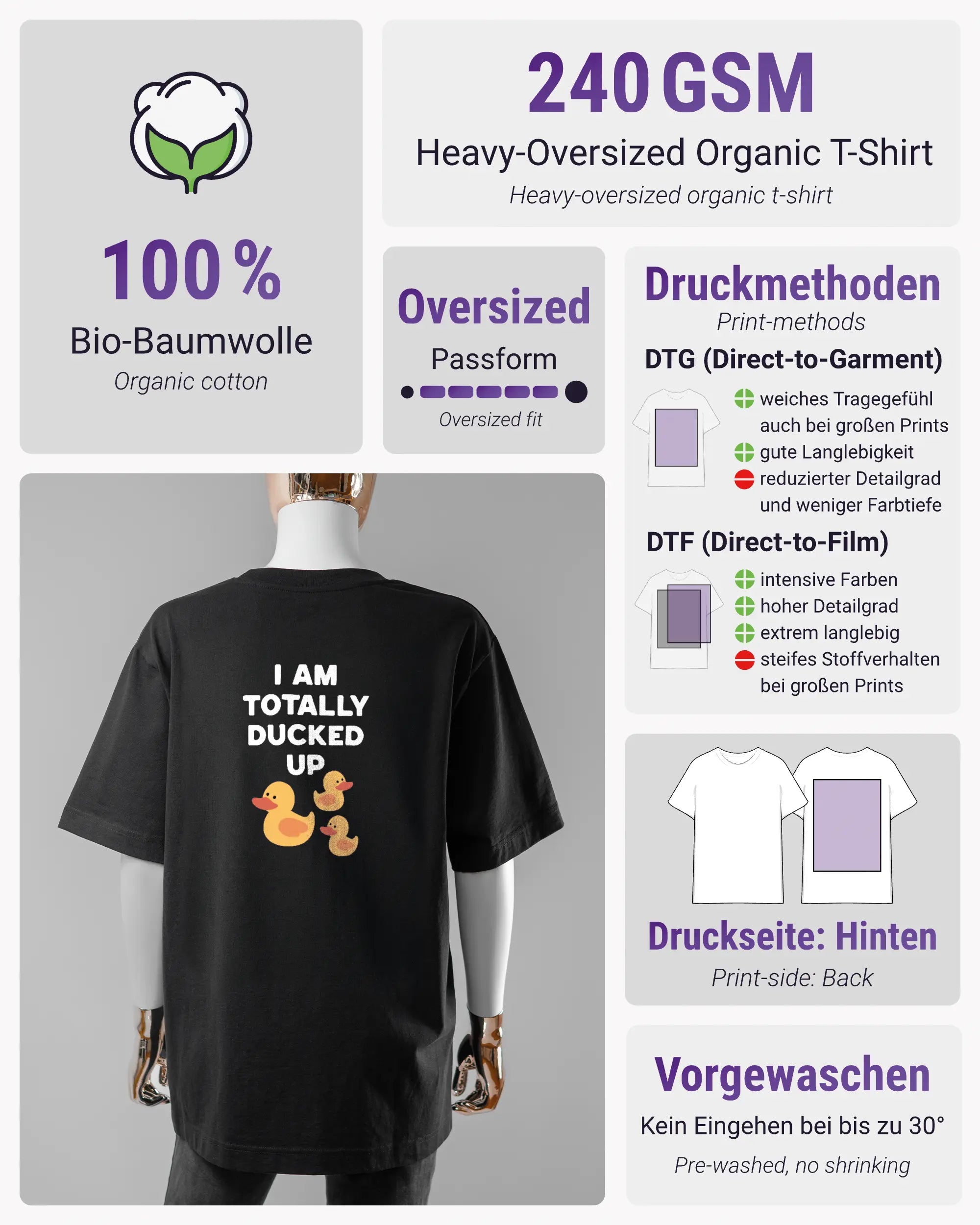 Produktinformationsblatt des Organic Unisex T-Shirt Heavy Oversized von Maondo mit dem Design Ducked Up hinten in der Farbe Black und in der Größe S