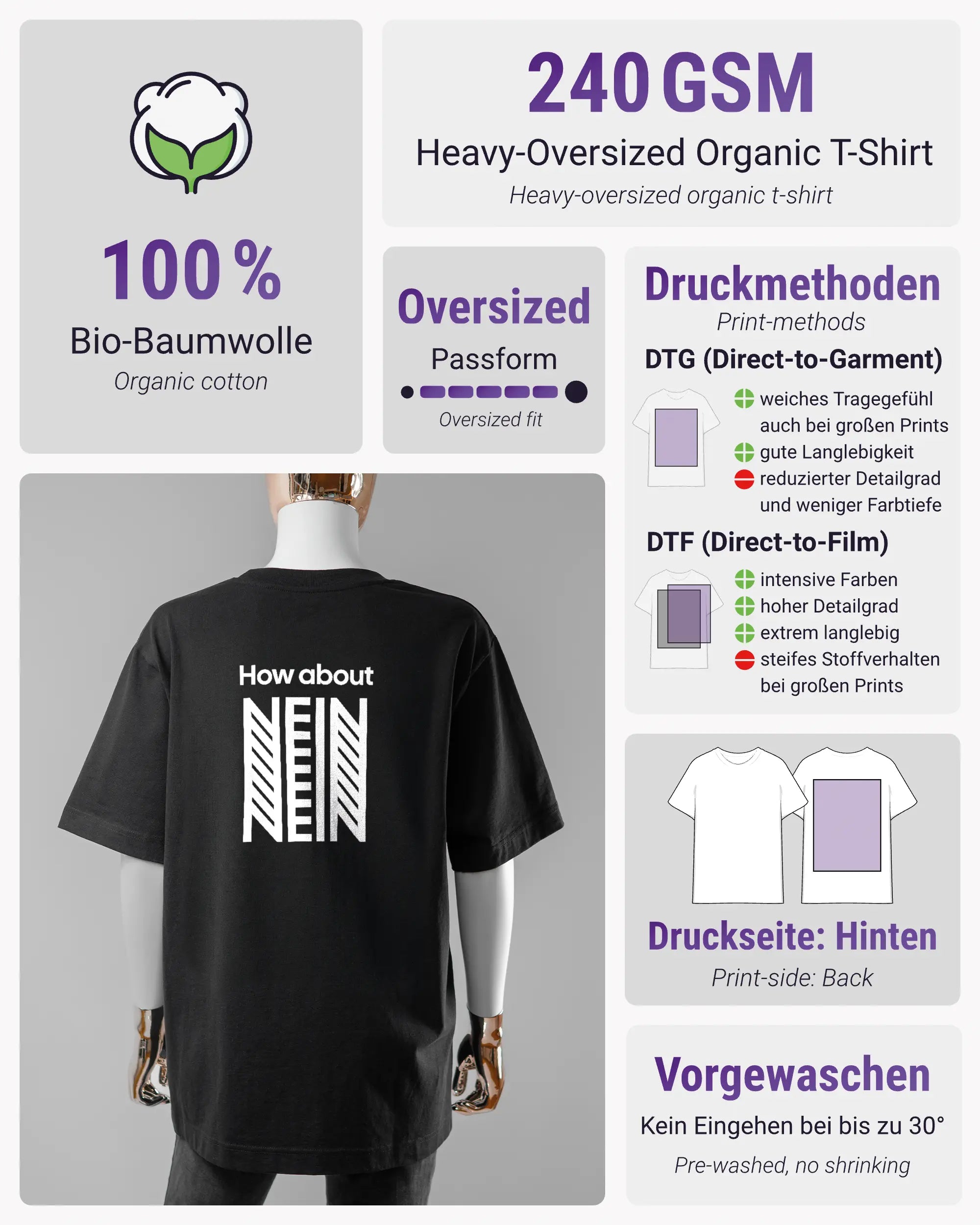 Produktinformationsblatt des Organic Unisex T-Shirt Heavy Oversized von Maondo mit dem Design How about nein hinten in der Farbe Black und in der Größe S