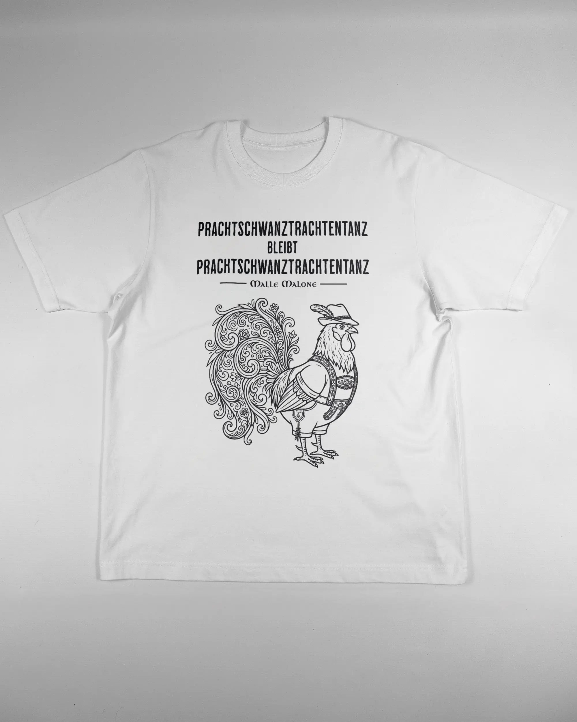 Vorderseite des Organic Unisex T-Shirt Heavy Oversized von Maondo mit dem Design Trachtentanz in der Farbe White und in der Größe L flach auf den Boden gelegt