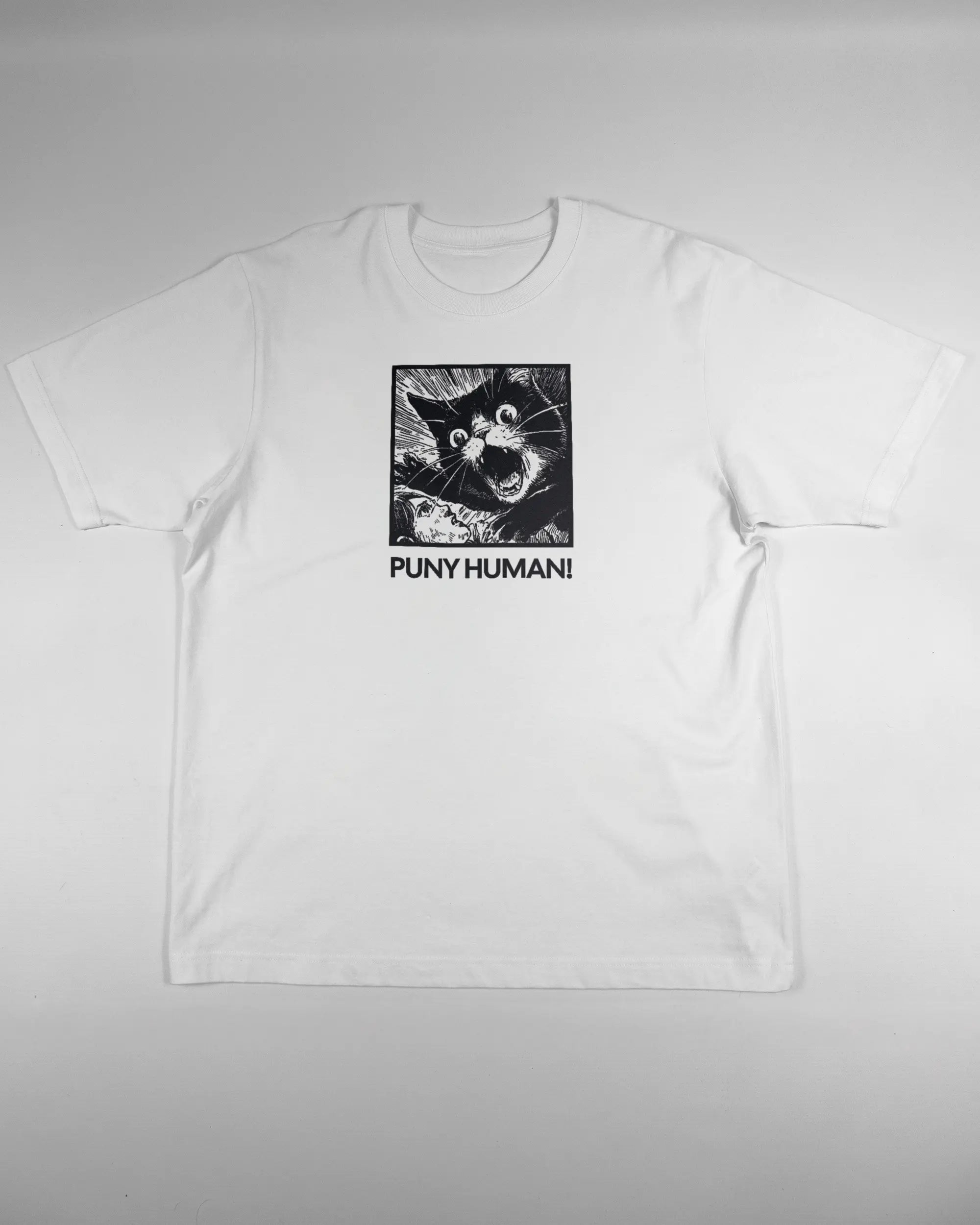 Vorderseite des Organic Unisex T-Shirt Heavy Oversized von Maondo mit dem Design Puny Human in der Farbe White und in der Größe L flach auf den Boden gelegt