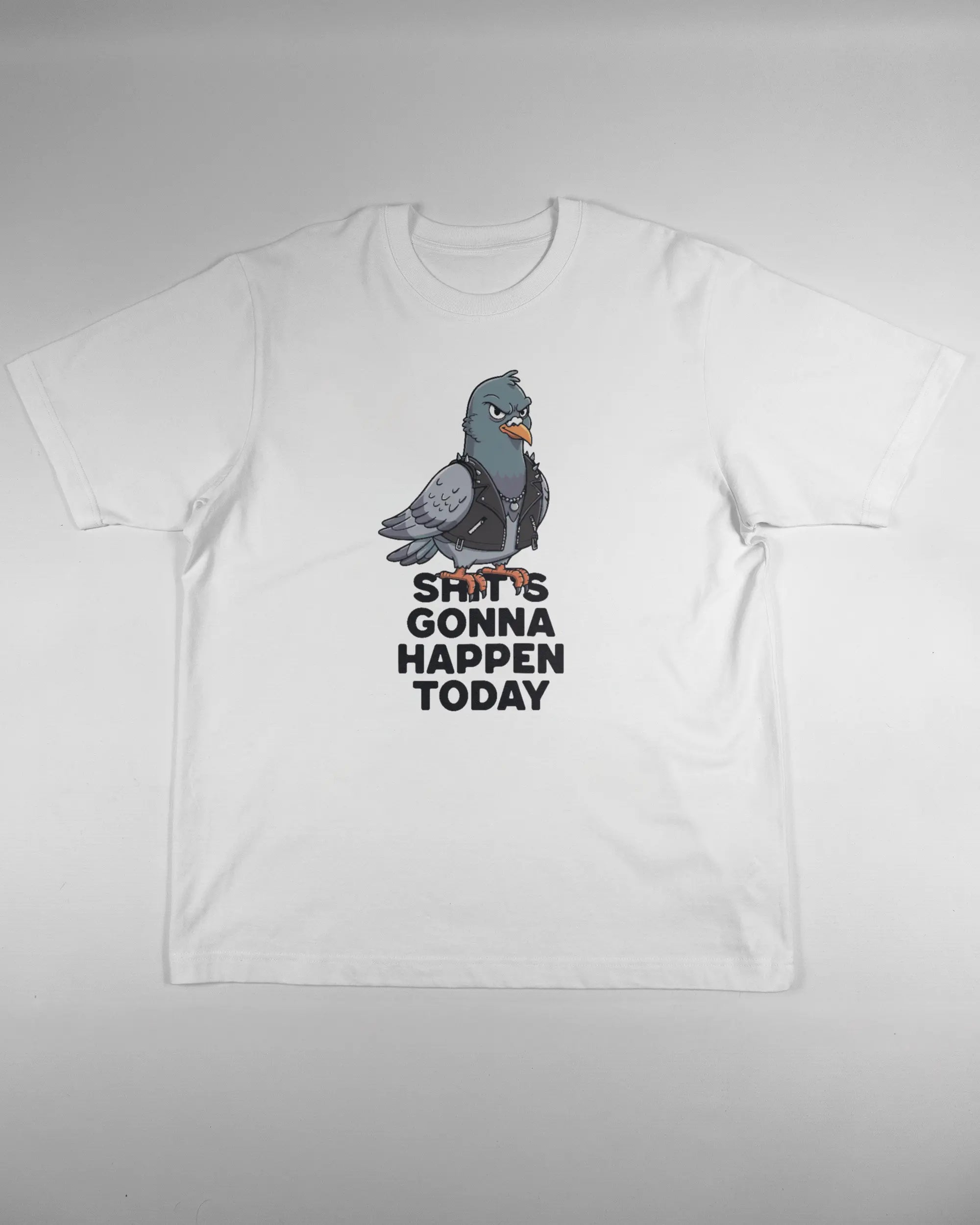 Vorderseite des Organic Unisex T-Shirt Heavy Oversized von Maondo mit dem Design Pigeon Pun in der Farbe White und in der Größe L flach auf den Boden gelegt