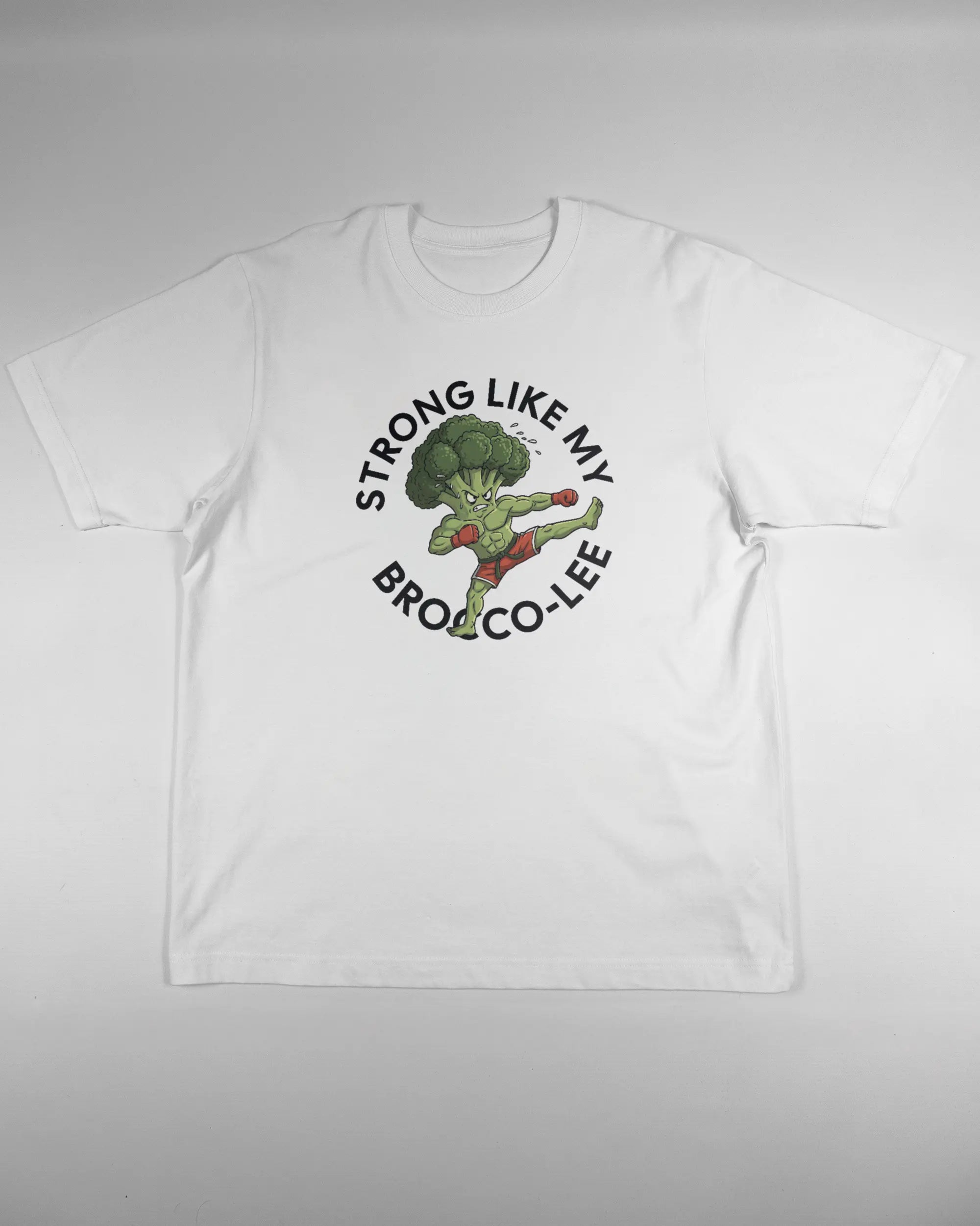 Vorderseite des Organic Unisex T-Shirt Heavy Oversized von Maondo mit dem Design Brocco-Lee in der Farbe White und in der Größe L flach auf den Boden gelegt