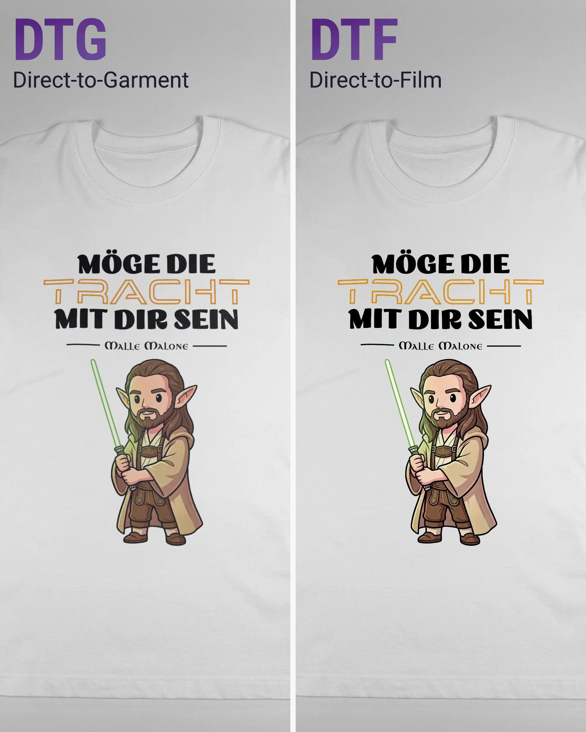 Vergleich der Vorderseiten des Organic Unisex T-Shirt Heavy Oversized von Maondo mit dem Design Tracht mit dir in der Farbe White und in der Größe L links mit dem Direct-to-Garment und rechts mit dem Direct-to-Film Verfahren