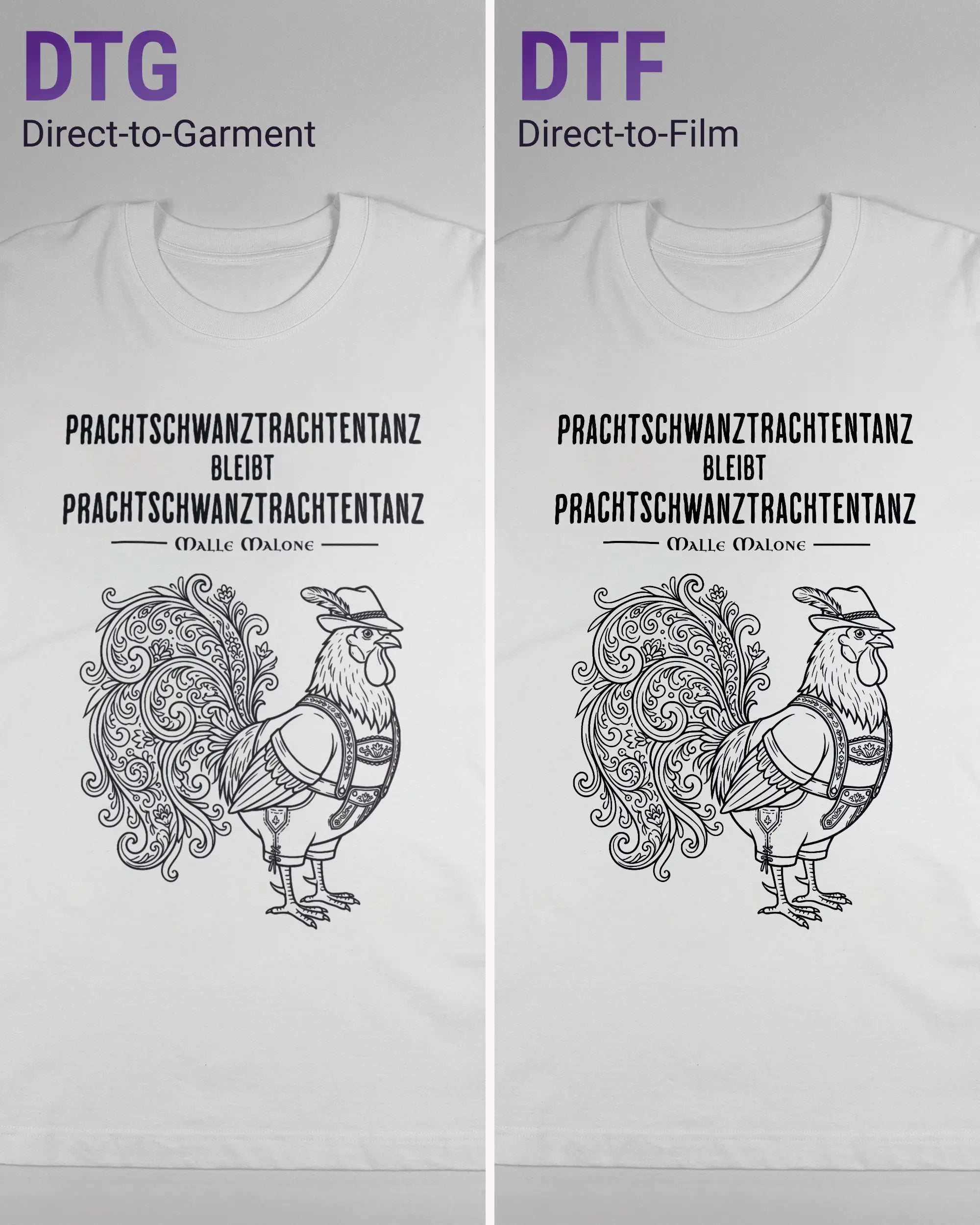 Vergleich der Vorderseiten des Organic Unisex T-Shirt Heavy Oversized von Maondo mit dem Design Trachtentanz in der Farbe White und in der Größe L links mit dem Direct-to-Garment und rechts mit dem Direct-to-Film Verfahren