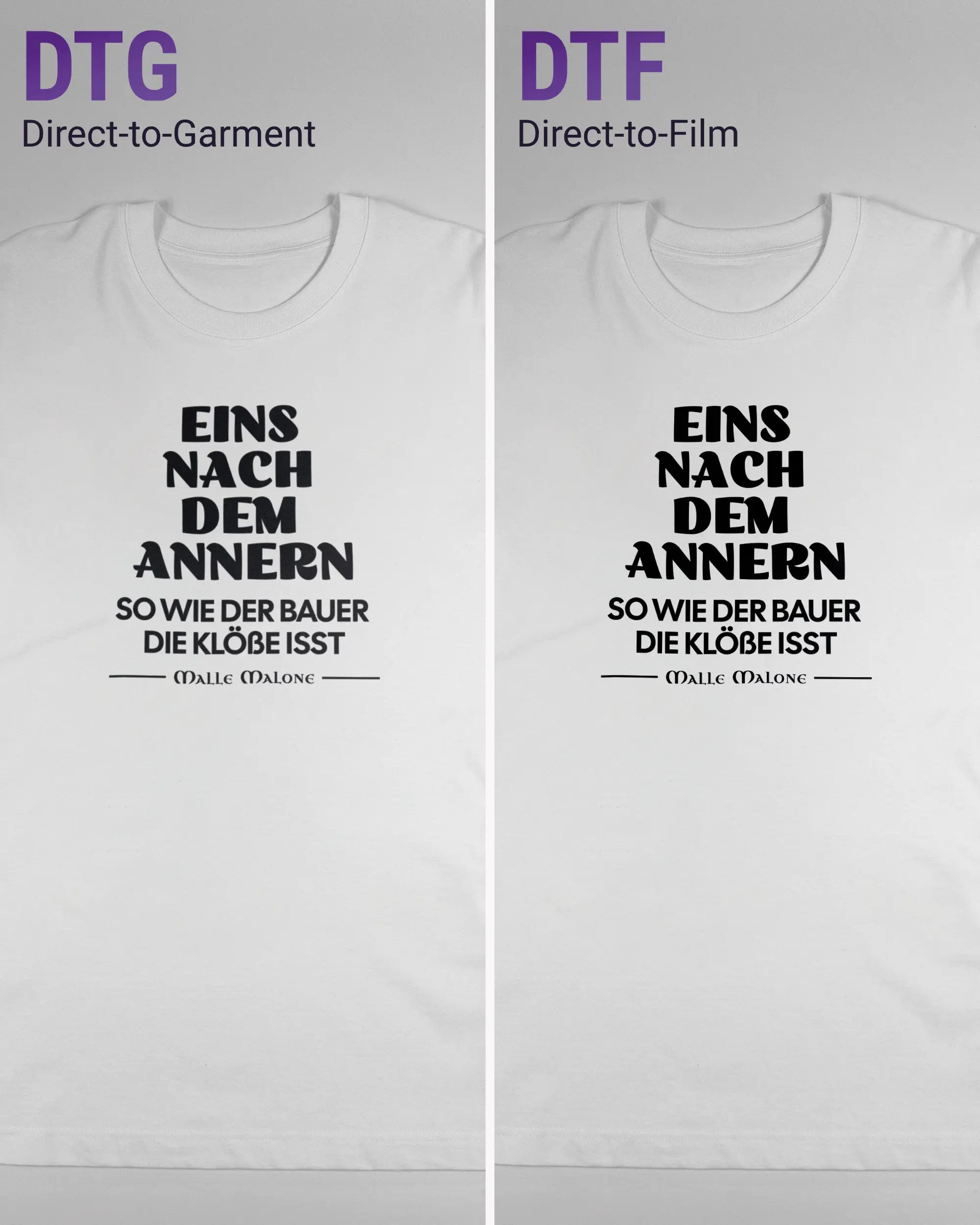 Vergleich der Vorderseiten des Organic Unisex T-Shirt Heavy Oversized von Maondo mit dem Design Eins nach dem Annern in der Farbe White und in der Größe L links mit dem Direct-to-Garment und rechts mit dem Direct-to-Film Verfahren
