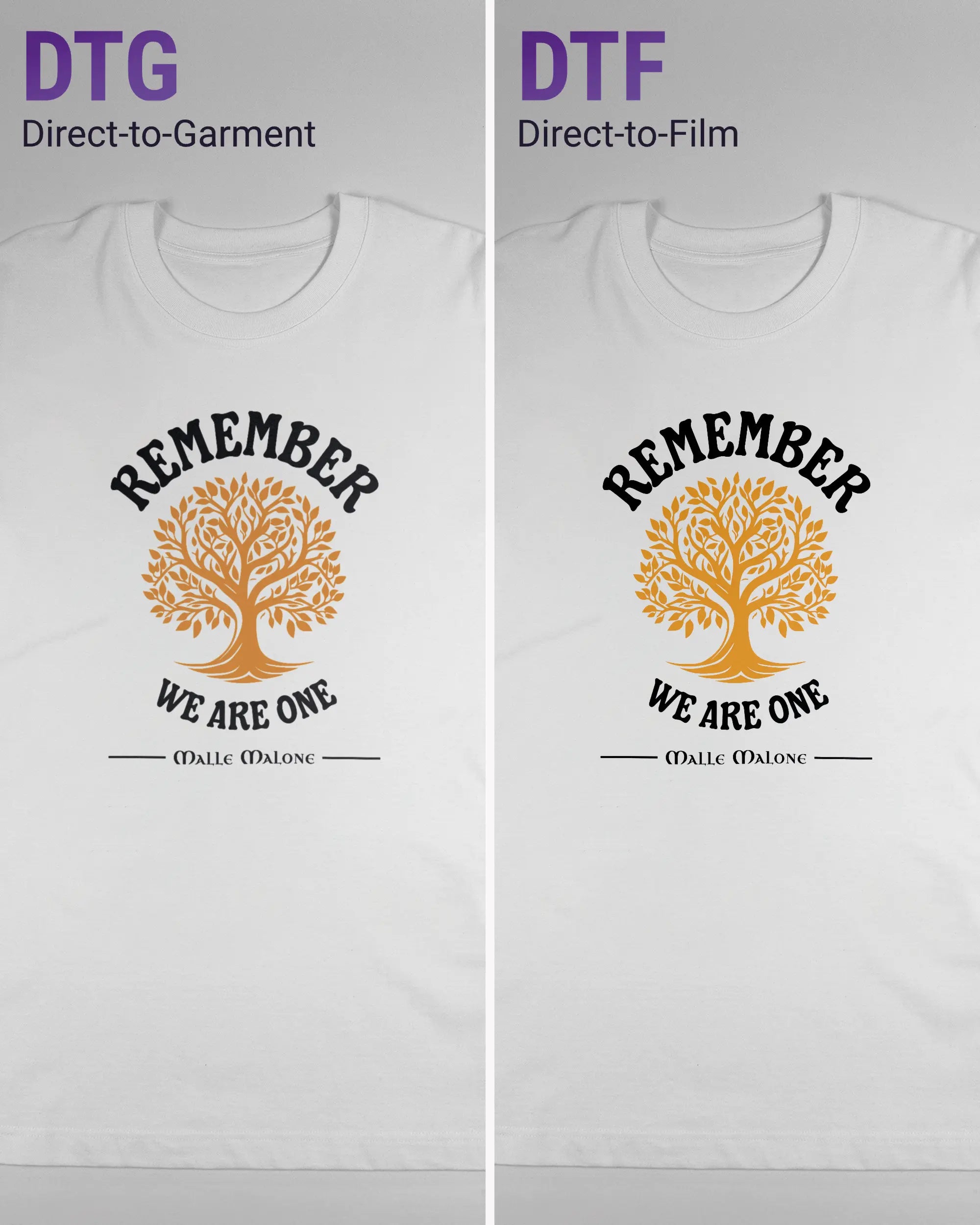 Vergleich der Vorderseiten des Organic Unisex T-Shirt Heavy Oversized von Maondo mit dem Design We are one in der Farbe White und in der Größe L links mit dem Direct-to-Garment und rechts mit dem Direct-to-Film Verfahren