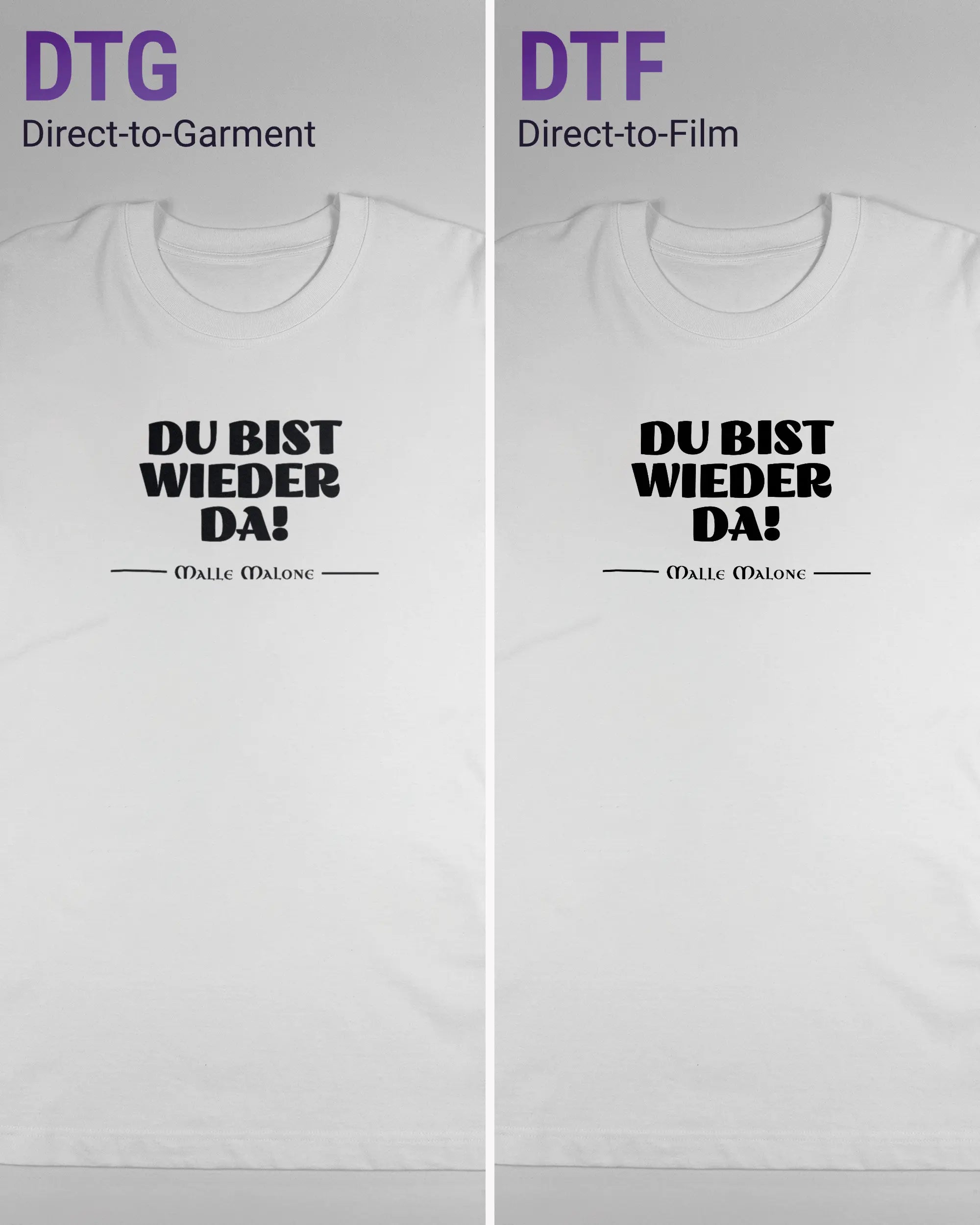 Vergleich der Vorderseiten des Organic Unisex T-Shirt Heavy Oversized von Maondo mit dem Design Wieder da in der Farbe White und in der Größe L links mit dem Direct-to-Garment und rechts mit dem Direct-to-Film Verfahren