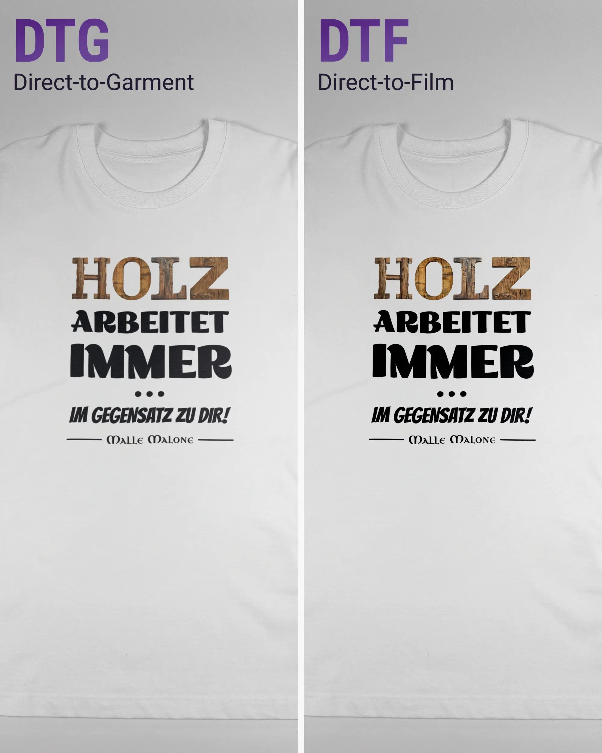 Vergleich der Vorderseiten des Organic Unisex T-Shirt Heavy Oversized von Maondo mit dem Design Holzarbeit in der Farbe White und in der Größe L links mit dem Direct-to-Garment und rechts mit dem Direct-to-Film Verfahren