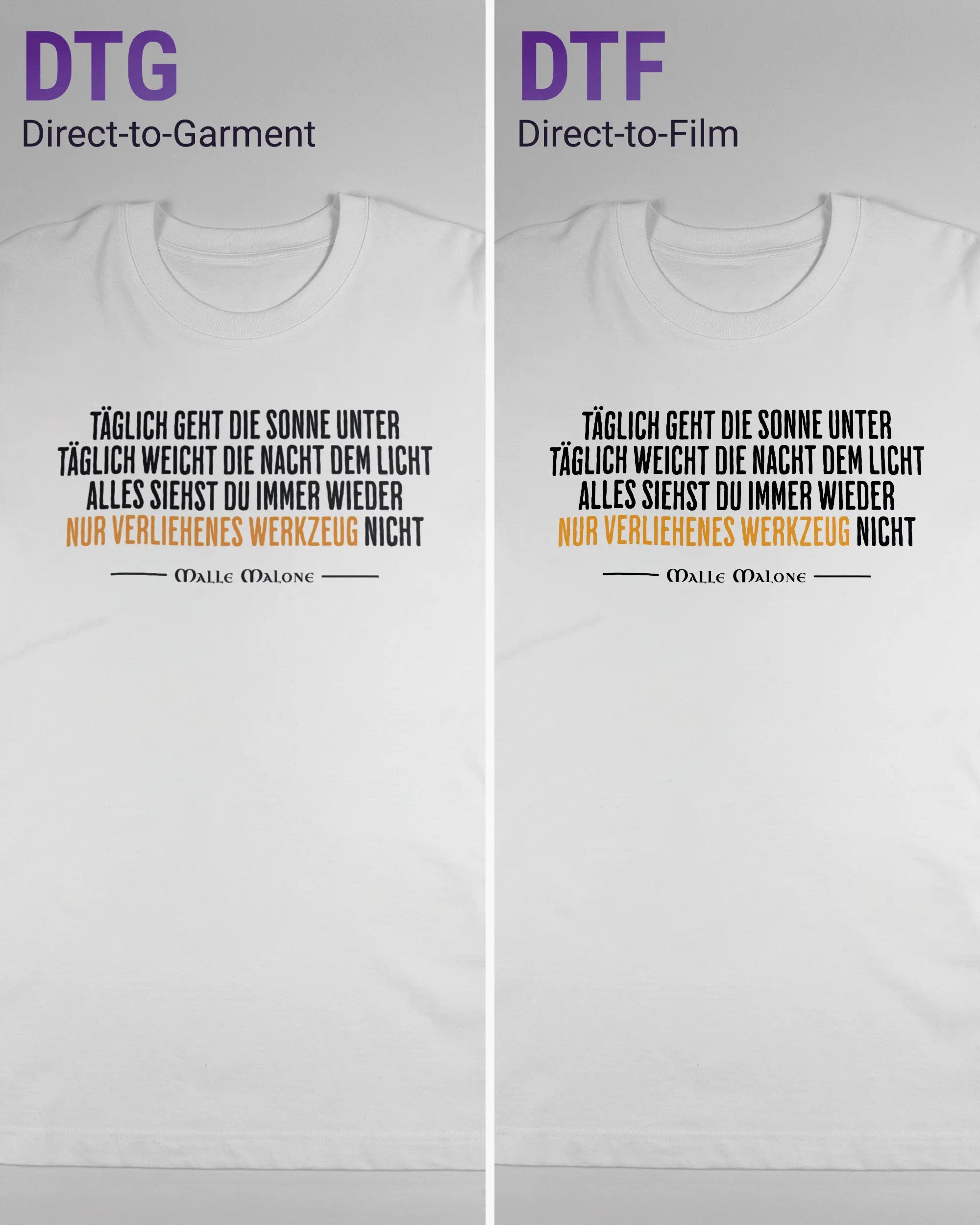 Vergleich der Vorderseiten des Organic Unisex T-Shirt Heavy Oversized von Maondo mit dem Design Wegzeug in der Farbe White und in der Größe L links mit dem Direct-to-Garment und rechts mit dem Direct-to-Film Verfahren