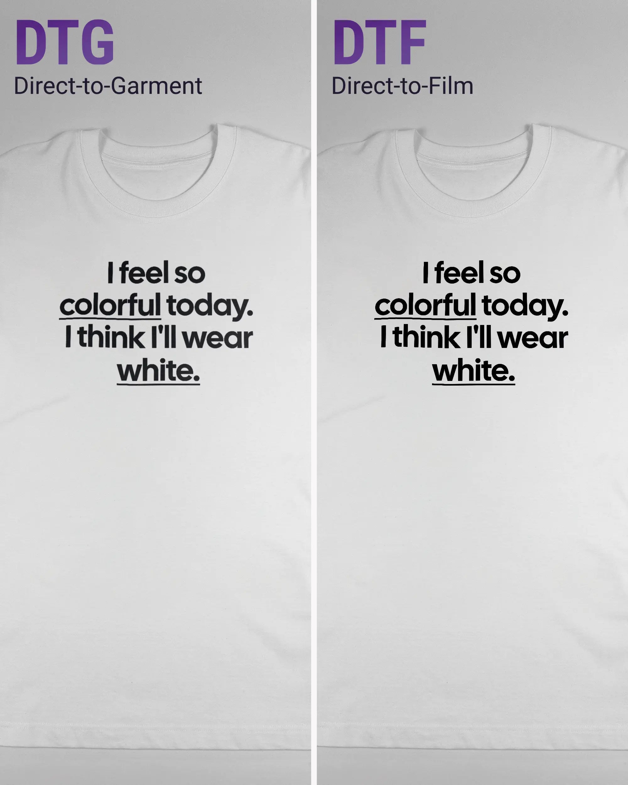 Vergleich der Vorderseiten des Organic Unisex T-Shirt Heavy Oversized von Maondo mit dem Design Colorful Day in der Farbe White und in der Größe L links mit dem Direct-to-Garment und rechts mit dem Direct-to-Film Verfahren