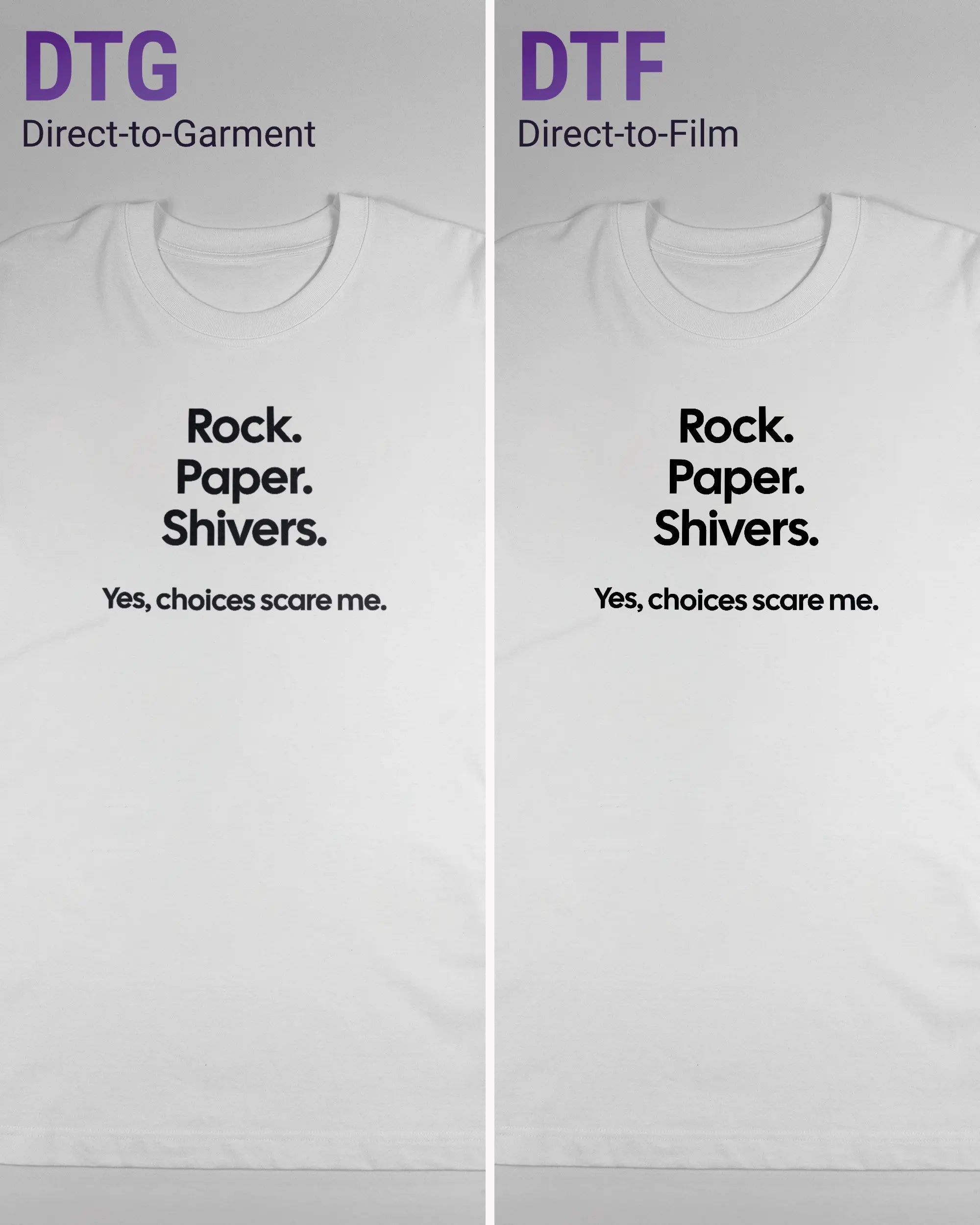 Vergleich der Vorderseiten des Organic Unisex T-Shirt Heavy Oversized von Maondo mit dem Design Rock Paper Shivers in der Farbe White und in der Größe L links mit dem Direct-to-Garment und rechts mit dem Direct-to-Film Verfahren