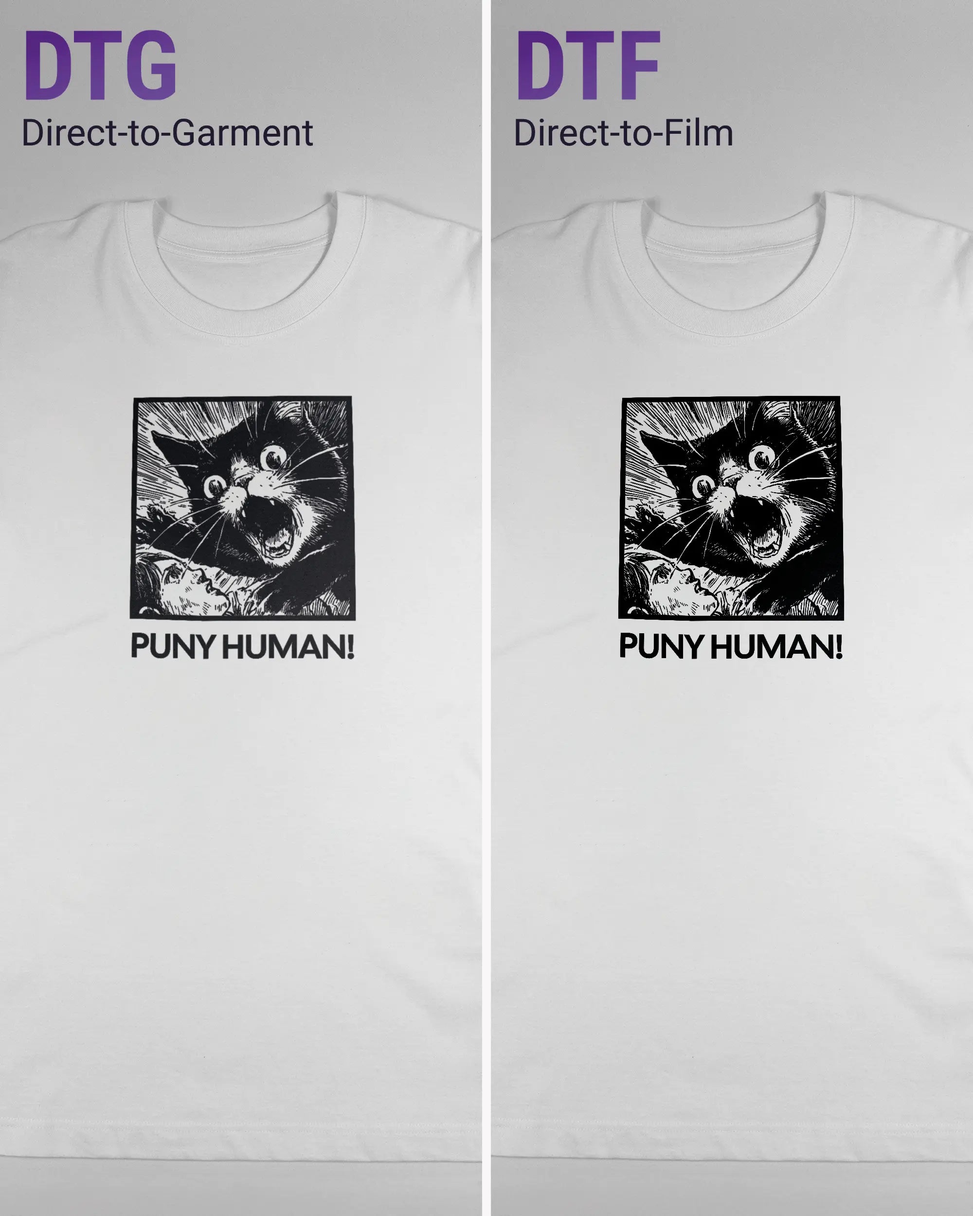 Vergleich der Vorderseiten des Organic Unisex T-Shirt Heavy Oversized von Maondo mit dem Design Puny Human in der Farbe White und in der Größe L links mit dem Direct-to-Garment und rechts mit dem Direct-to-Film Verfahren