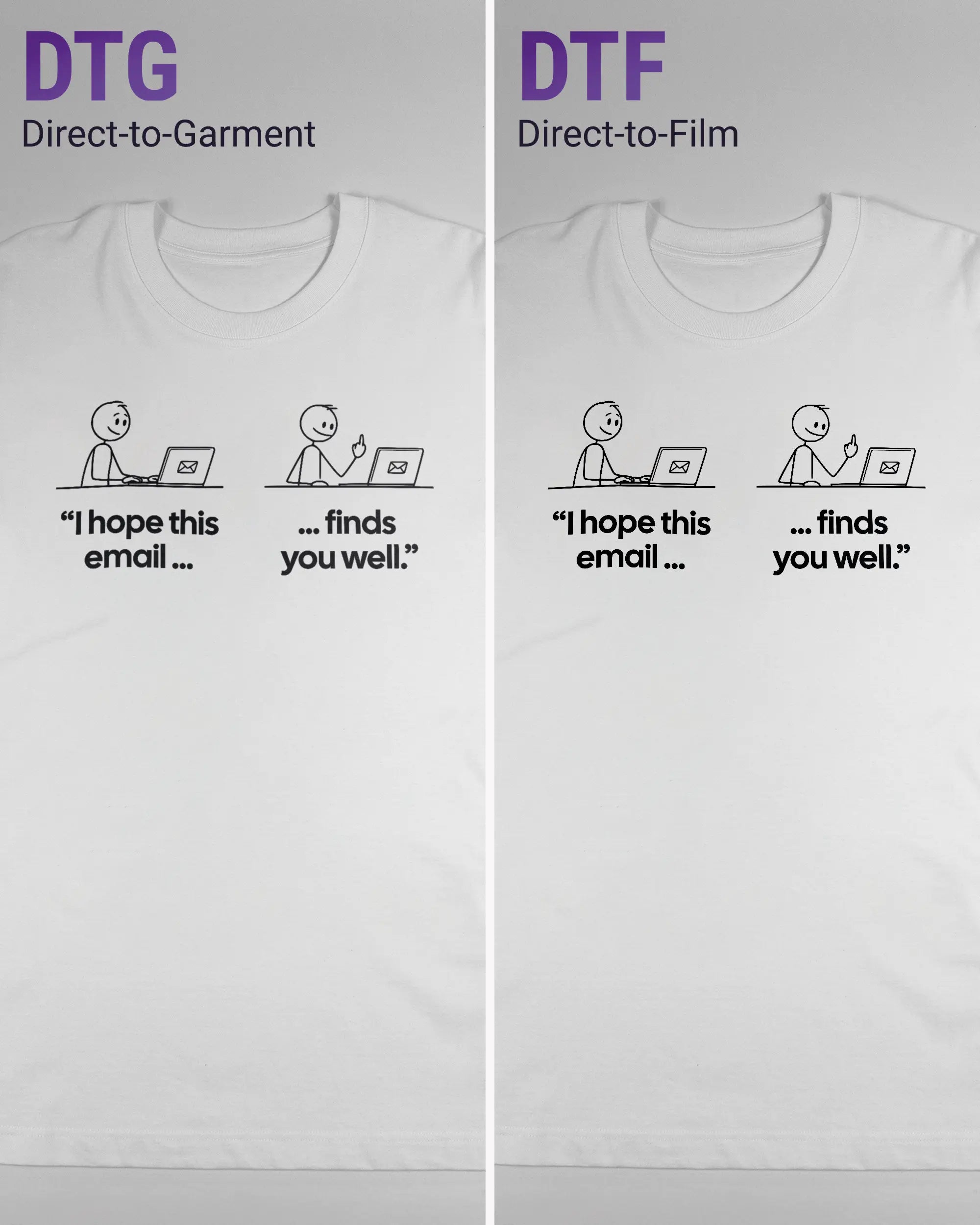 Vergleich der Vorderseiten des Organic Unisex T-Shirt Heavy Oversized von Maondo mit dem Design Found me not well in der Farbe White und in der Größe L links mit dem Direct-to-Garment und rechts mit dem Direct-to-Film Verfahren