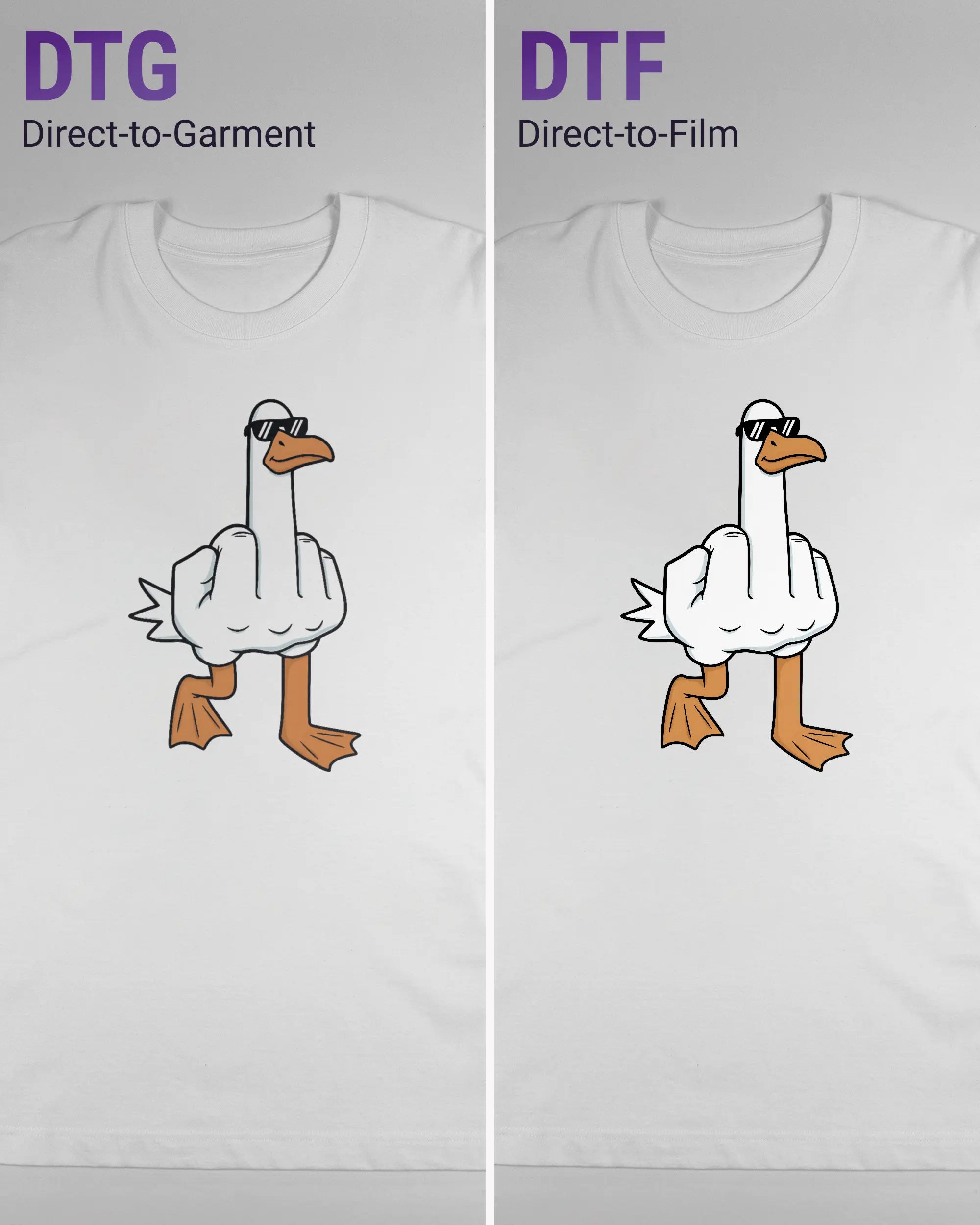 Vergleich der Vorderseiten des Organic Unisex T-Shirt Heavy Oversized von Maondo mit dem Design I give a duck in der Farbe White und in der Größe L links mit dem Direct-to-Garment und rechts mit dem Direct-to-Film Verfahren