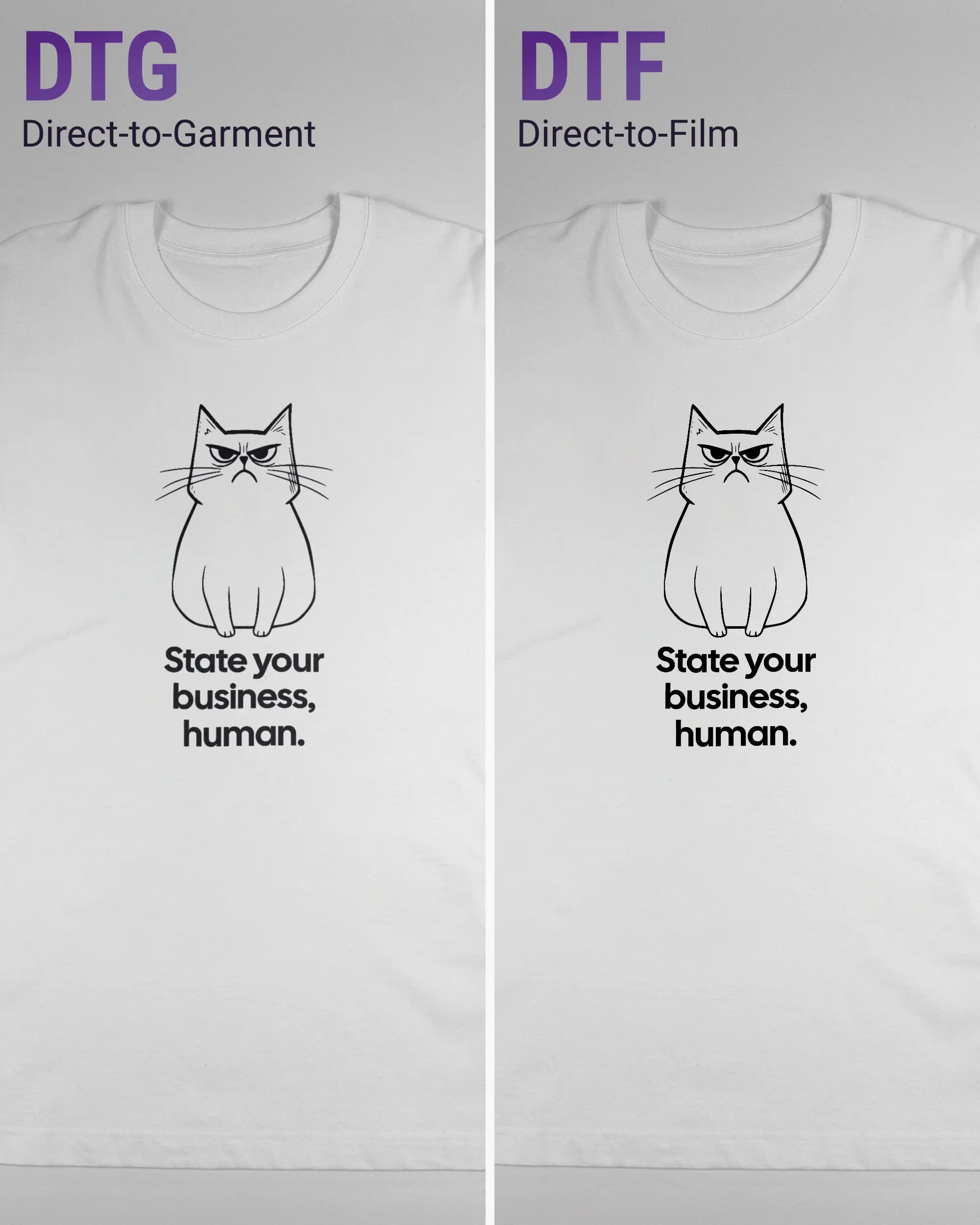 Vergleich der Vorderseiten des Organic Unisex T-Shirt Heavy Oversized von Maondo mit dem Design Grumpy Purr in der Farbe White und in der Größe L links mit dem Direct-to-Garment und rechts mit dem Direct-to-Film Verfahren