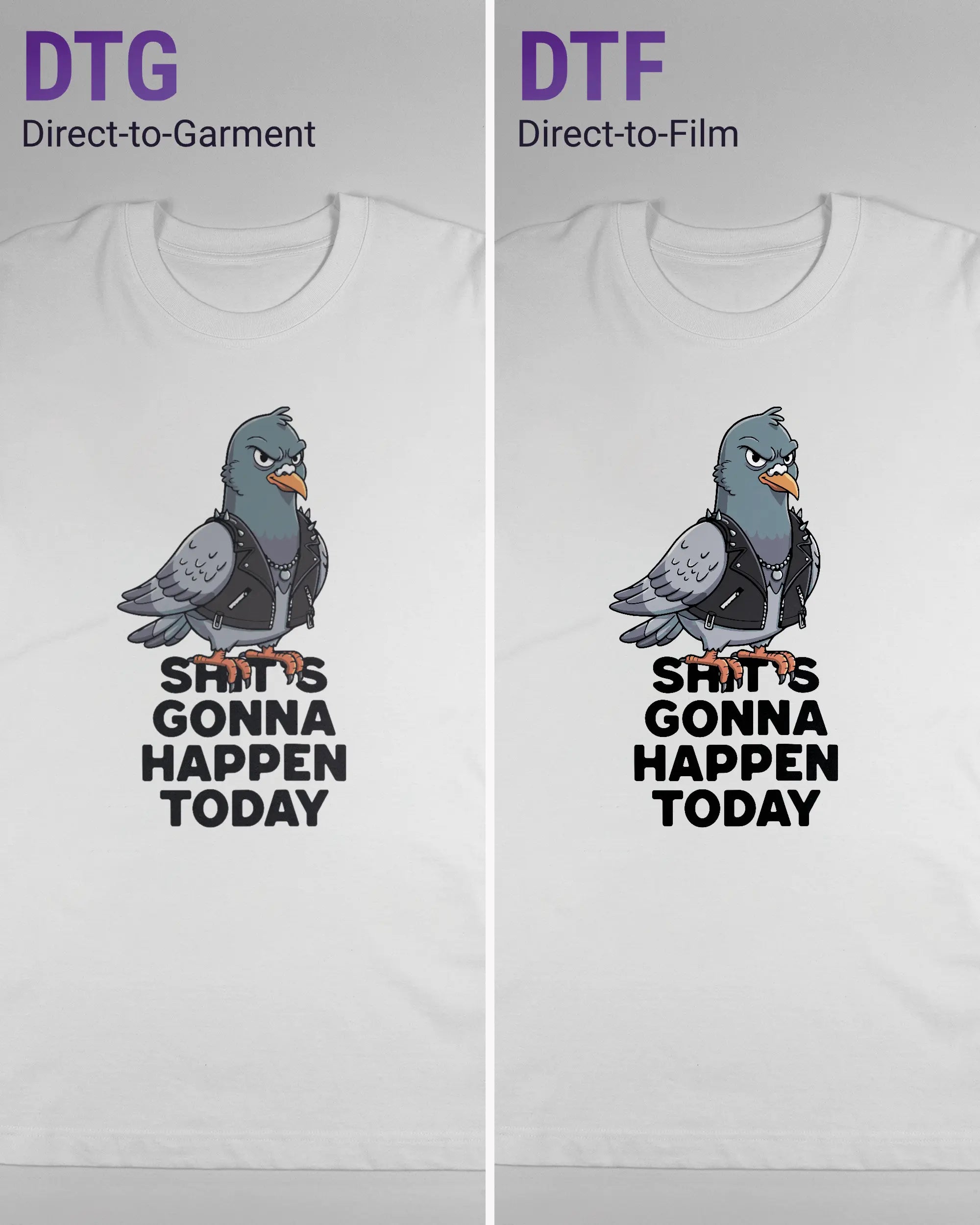 Vergleich der Vorderseiten des Organic Unisex T-Shirt Heavy Oversized von Maondo mit dem Design Pigeon Pun in der Farbe White und in der Größe L links mit dem Direct-to-Garment und rechts mit dem Direct-to-Film Verfahren
