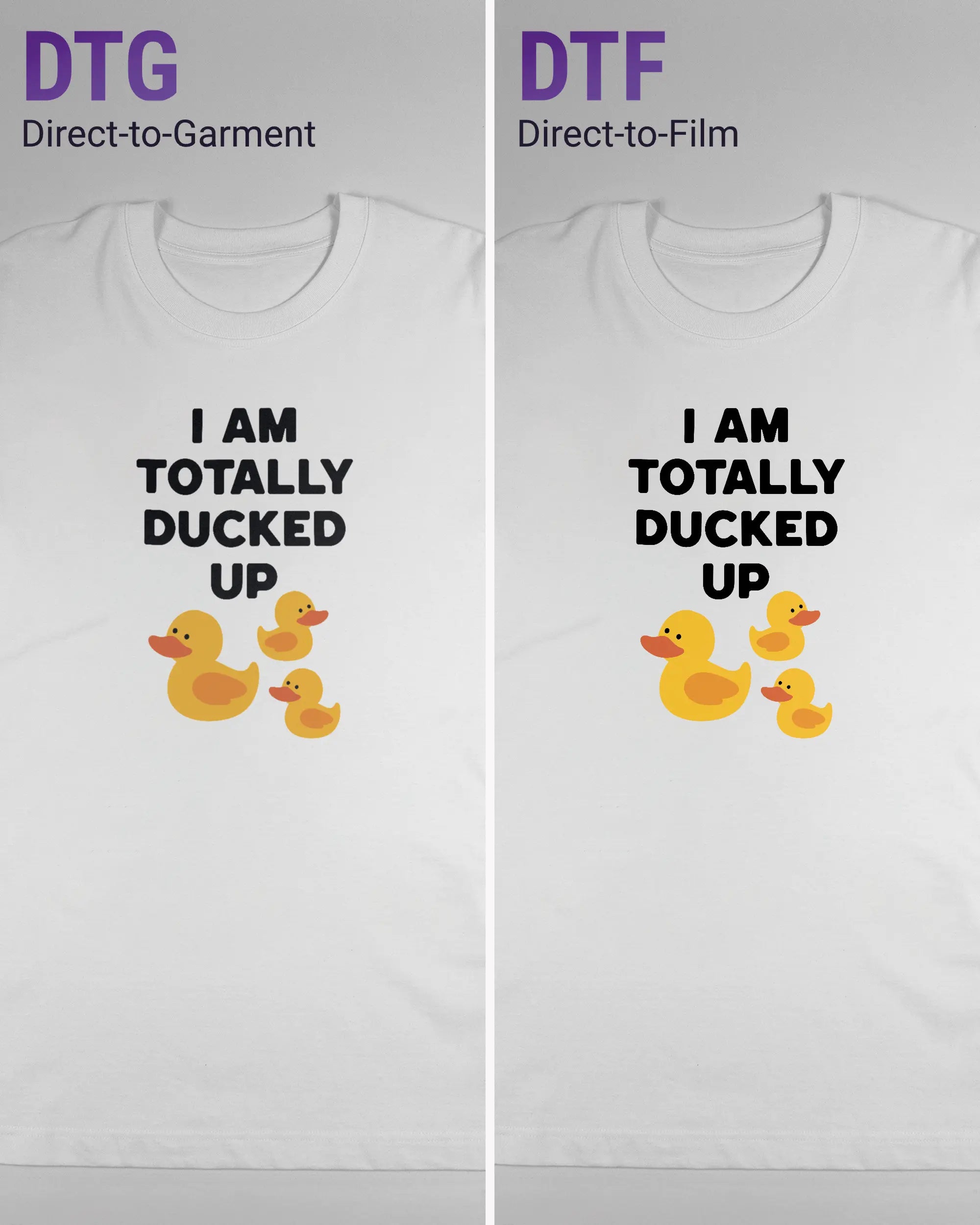 Vergleich der Vorderseiten des Organic Unisex T-Shirt Heavy Oversized von Maondo mit dem Design Ducked Up in der Farbe White und in der Größe L links mit dem Direct-to-Garment und rechts mit dem Direct-to-Film Verfahren