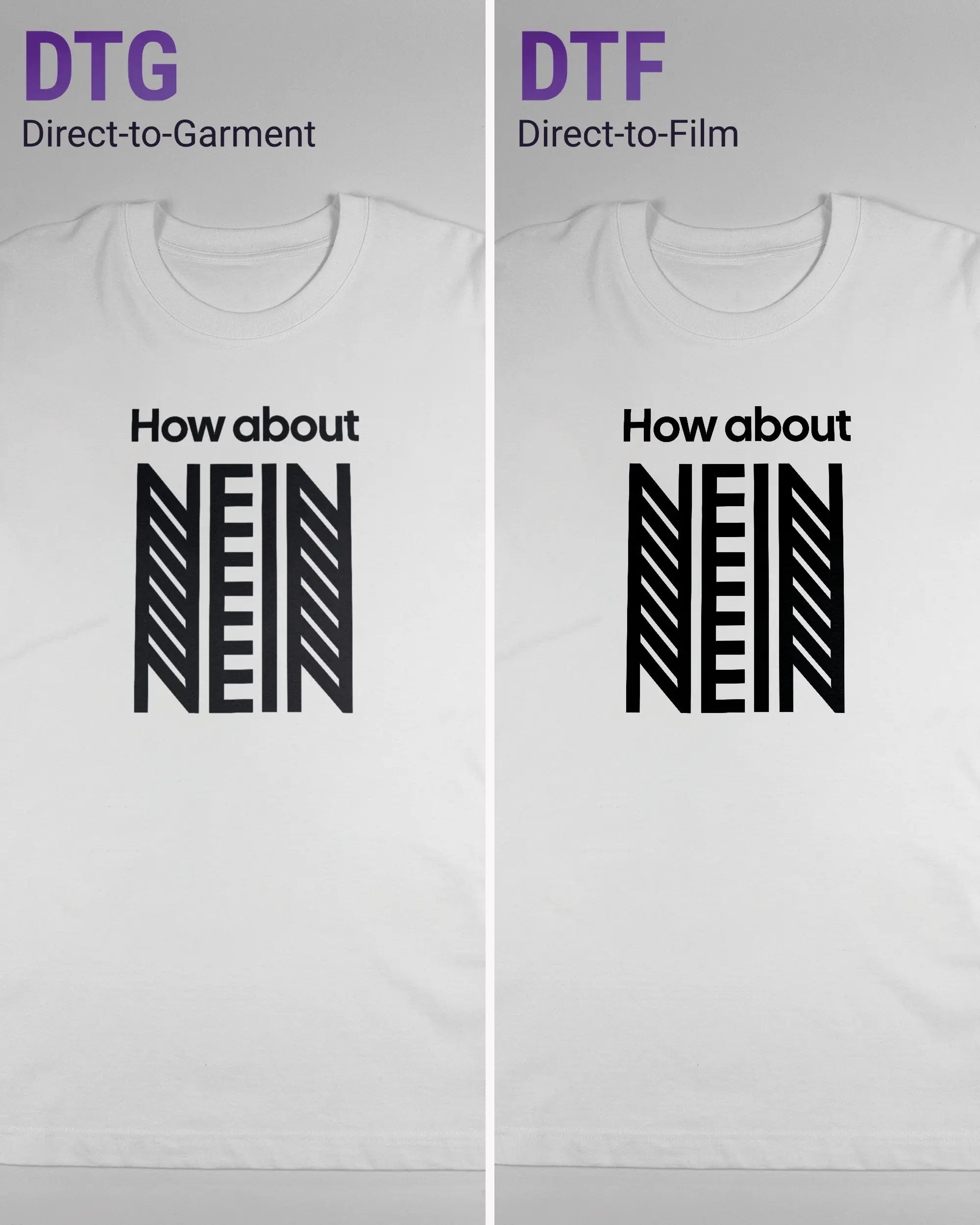 Vergleich der Vorderseiten des Organic Unisex T-Shirt Heavy Oversized von Maondo mit dem Design How about nein in der Farbe White und in der Größe L links mit dem Direct-to-Garment und rechts mit dem Direct-to-Film Verfahren