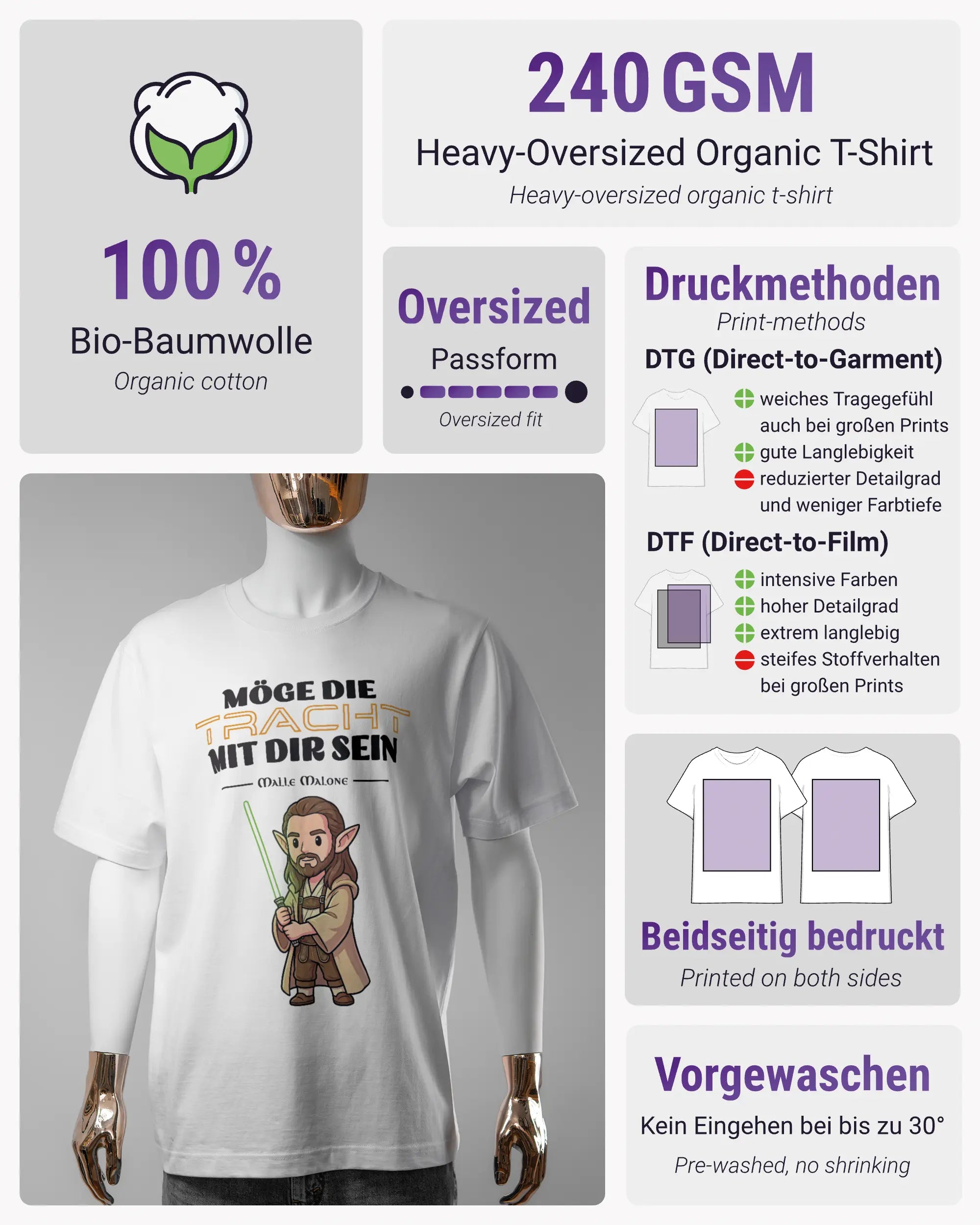 Produktinformationsblatt des Organic Unisex T-Shirt Heavy Oversized von Maondo mit dem Design Tracht mit dir vorne in der Farbe White und in der Größe S
