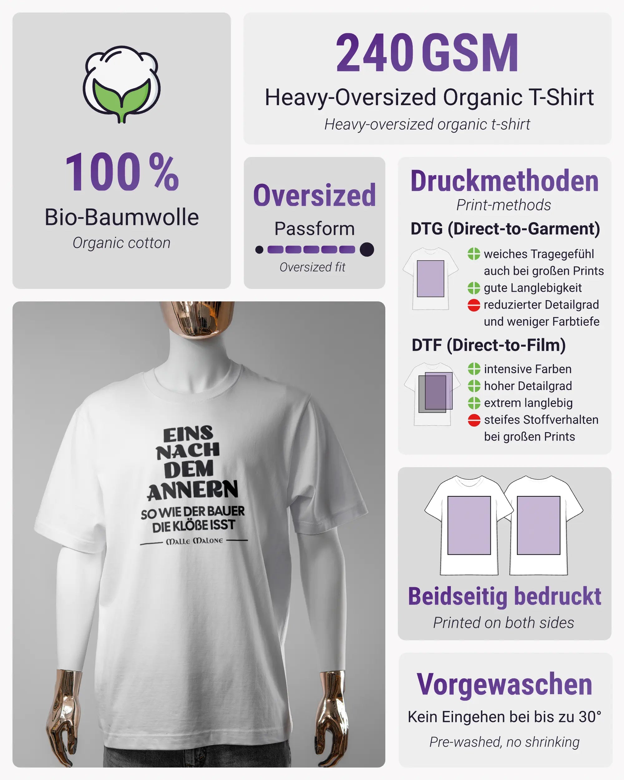 Produktinformationsblatt des Organic Unisex T-Shirt Heavy Oversized von Maondo mit dem Design Eins nach dem Annern vorne in der Farbe White und in der Größe S