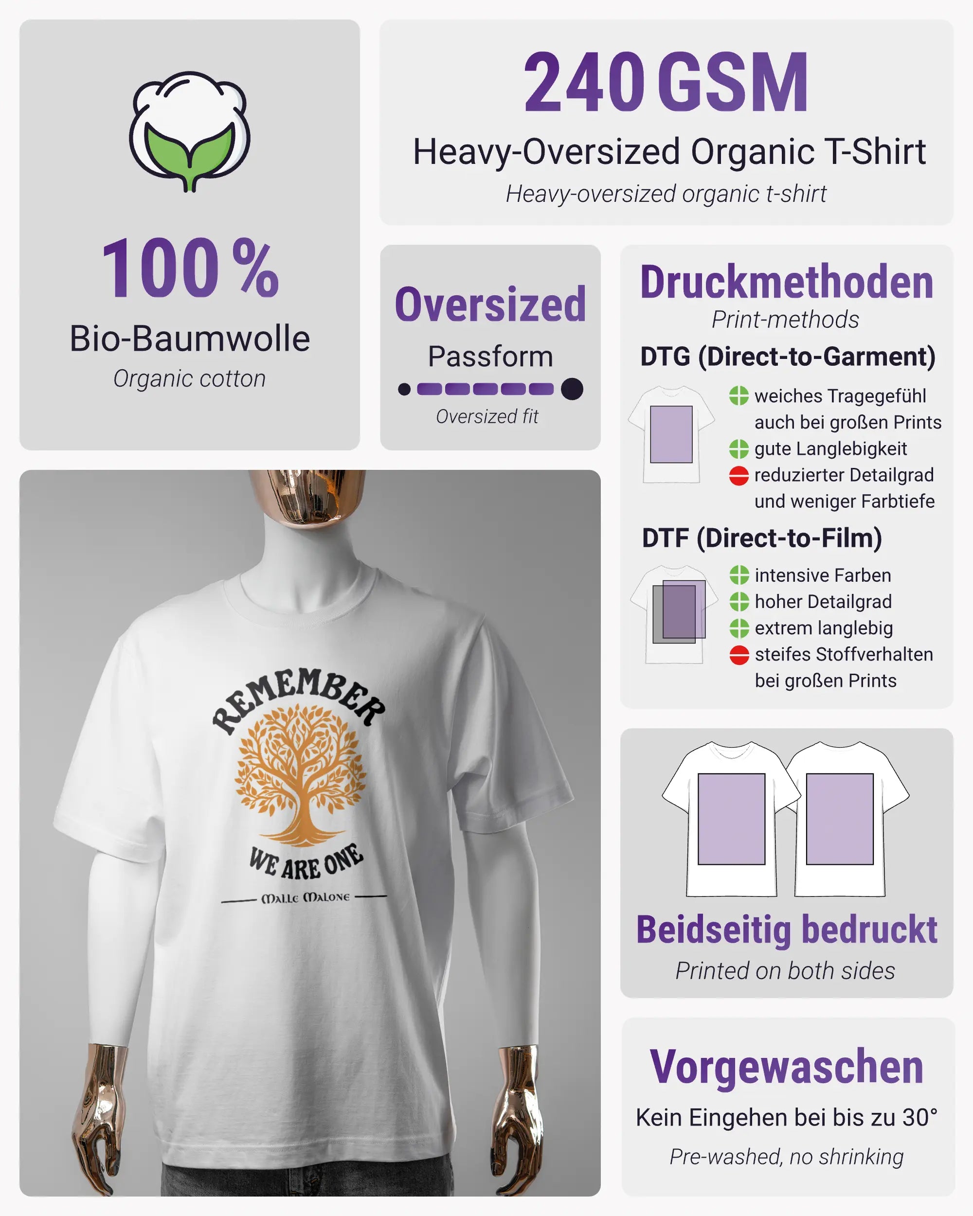 Produktinformationsblatt des Organic Unisex T-Shirt Heavy Oversized von Maondo mit dem Design We are one vorne in der Farbe White und in der Größe S