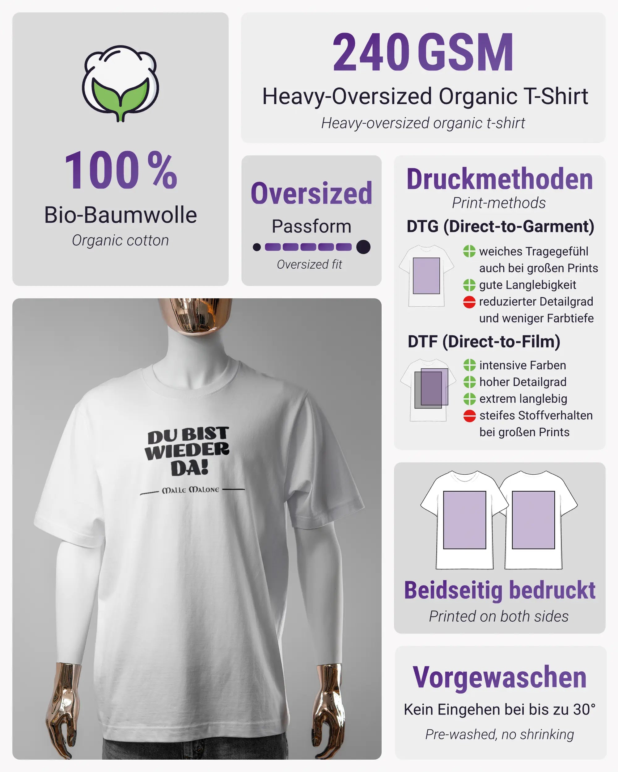 Produktinformationsblatt des Organic Unisex T-Shirt Heavy Oversized von Maondo mit dem Design Wieder da vorne in der Farbe White und in der Größe S