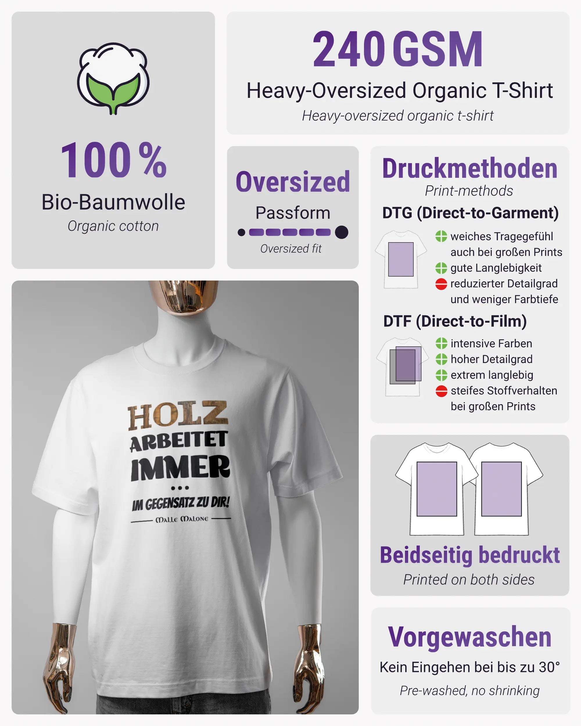 Produktinformationsblatt des Organic Unisex T-Shirt Heavy Oversized von Maondo mit dem Design Holzarbeit vorne in der Farbe White und in der Größe S