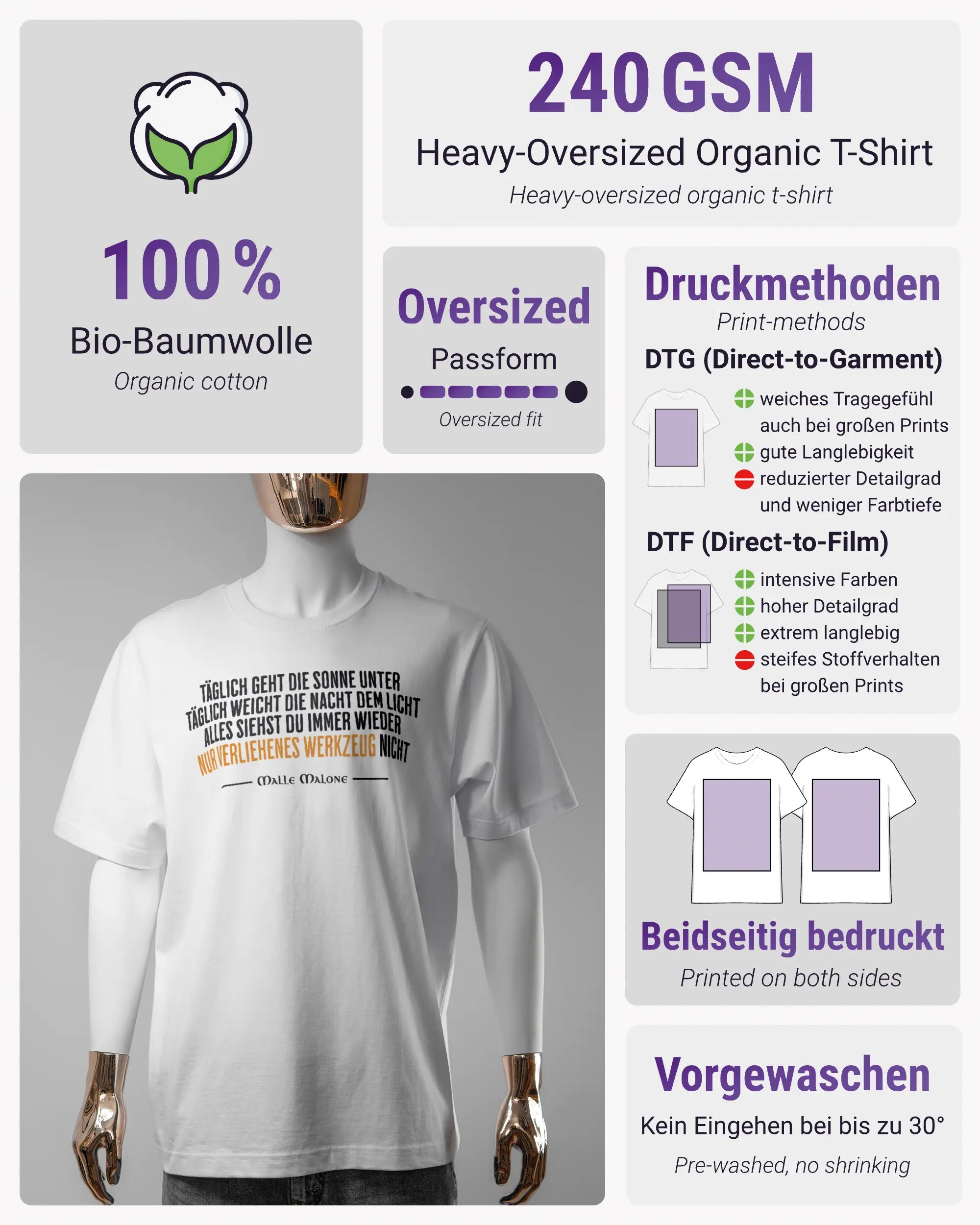 Produktinformationsblatt des Organic Unisex T-Shirt Heavy Oversized von Maondo mit dem Design Wegzeug vorne in der Farbe White und in der Größe S