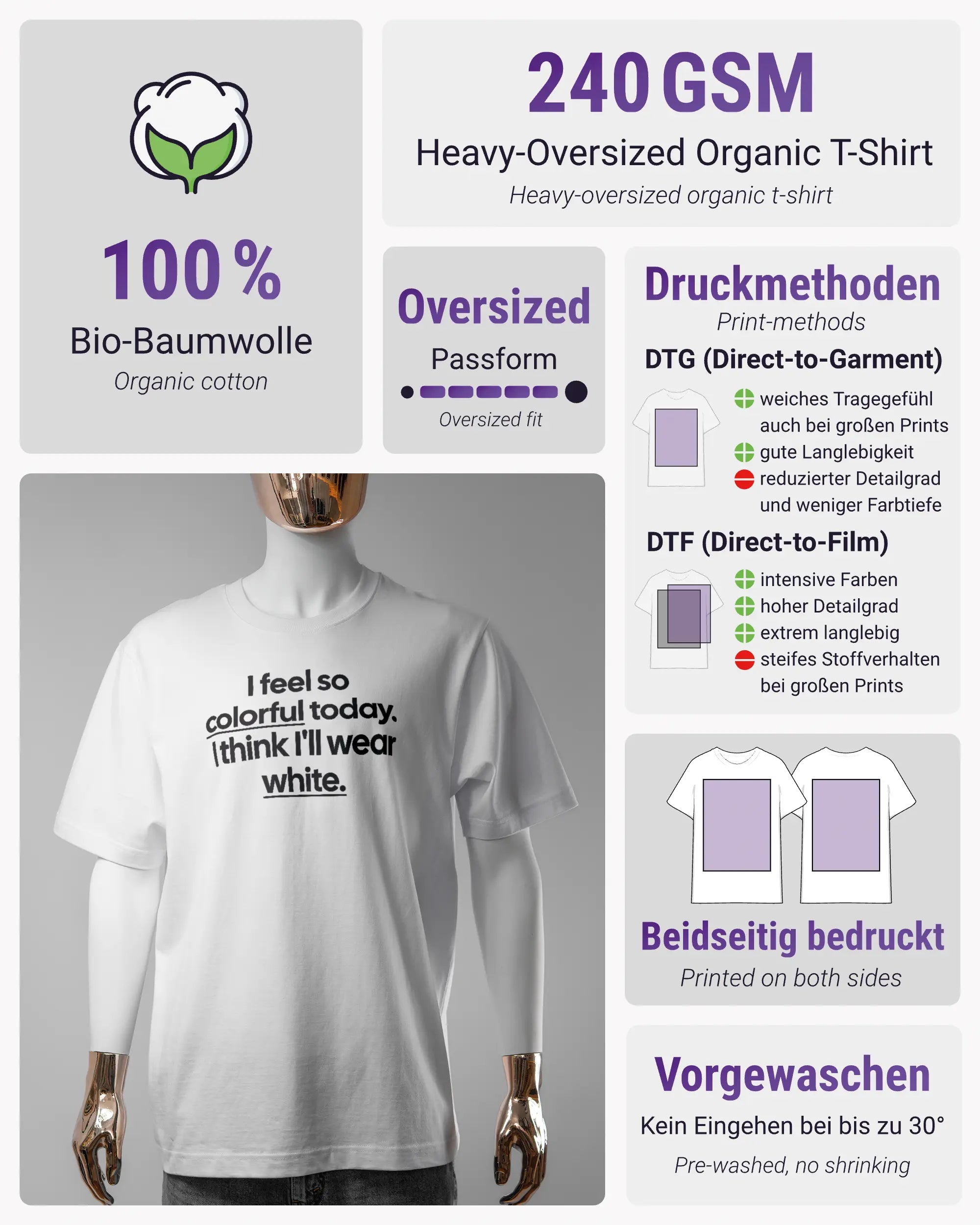 Produktinformationsblatt des Organic Unisex T-Shirt Heavy Oversized von Maondo mit dem Design Colorful Day vorne in der Farbe White und in der Größe S